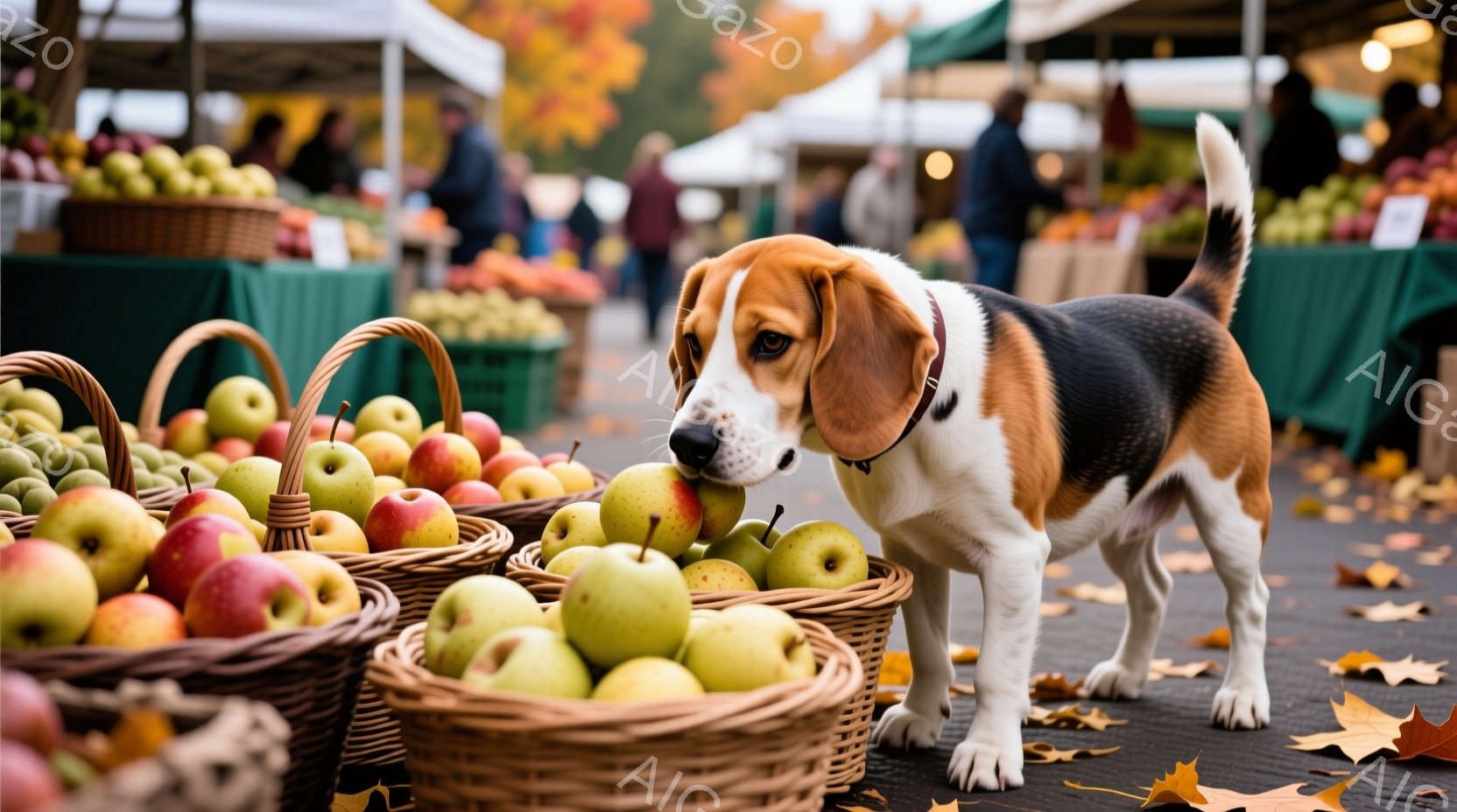 鮮やかな赤いリンゴと緑色のリンゴが籠に山積みにされている市場の一角で、ビーグル犬が鼻をリンゴに近づけて匂いを嗅いでいる。犬は首輪をしており、後ろ足で立ち上がり、興味深そうにリンゴを観察している。背景には、他の商品や人々が見え、落ち葉が散らばる地面は秋の雰囲気を醸し出している。