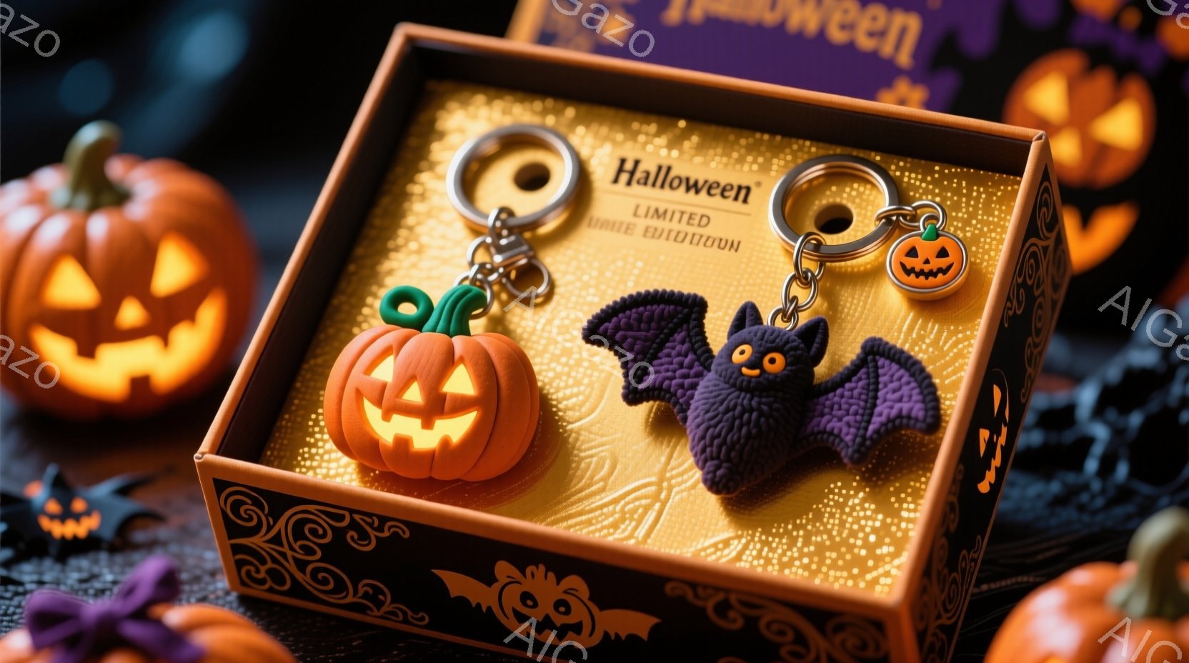 ハロウィーンをテーマにしたキーホルダーが、金色の箱の中に置かれています。オレンジ色のジャック・オー・ランタンと紫色のコウモリのキーホルダーが並んでおり、背景にはハロウィーンの装飾が施されたカボチャやバ - AI生成フリー素材