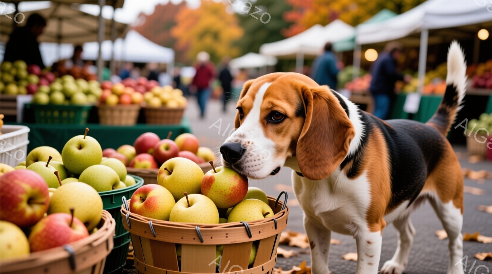 リンゴが並んだ籠の前に鼻を近づけたビーグル犬が写っています。犬は茶色と白の毛並みで、注意深くリンゴを匂っている様子です。背景には、屋根付きの市場の露店が並び、人々が歩き回っています。