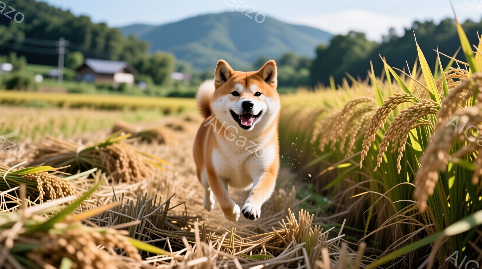 黄金色の稲穂が広がる田園風景の中、柴犬が駆けている。犬は口を開けて笑顔を見せ、まるで遊び心に満ち溢れているかのようだ。背景には緑豊かな山々と、日本の伝統的な家屋が見え、晴天の下、穏やかで幸せな雰囲気が漂っている。