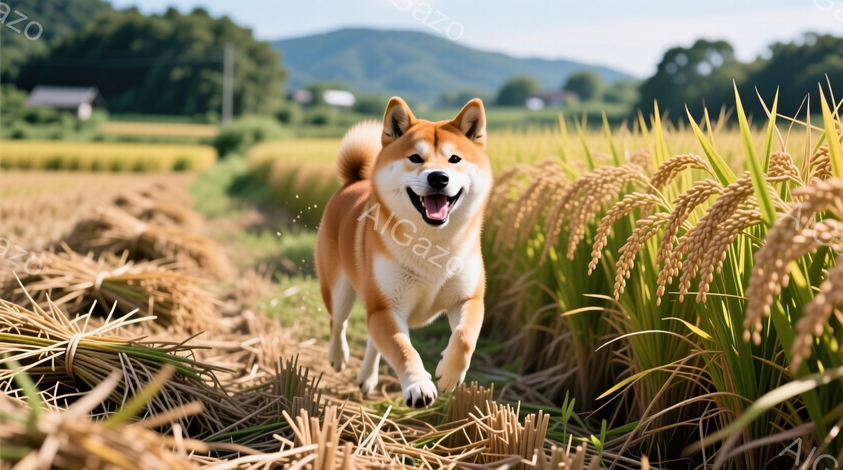 鮮やかなオレンジ色の柴犬が、黄金色の稲穂が実る田んぼの中を元気に駆け抜けている。柴犬は口を開けて笑顔を見せ、まるで自然の中で自由に遊んでいるようだ。背景には緑豊かな山々と、日本の農村風景を象徴するよう - AI生成フリー素材