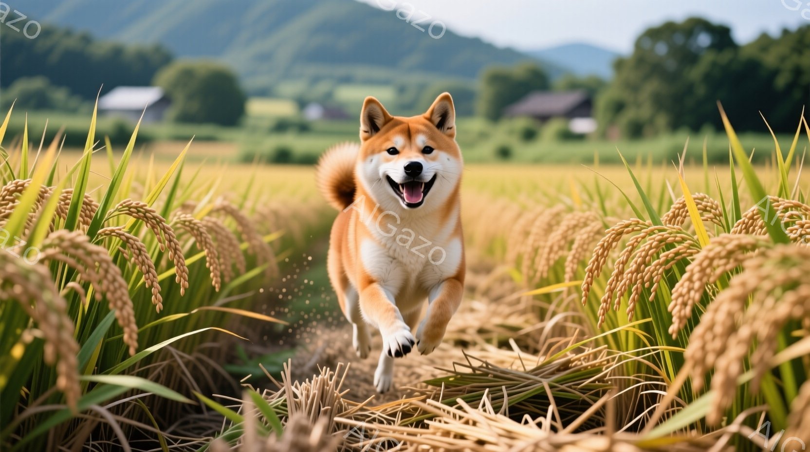 稲穂が実る田んぼを、柴犬が駆けている様子が写っている。犬は口を開けて嬉しそうに笑い、前足を高く上げて勢いよく走っている。背景には、緑の山々と農家のような建物が見え、晴れた日の穏やかな田園風景が広がって - AI生成フリー素材