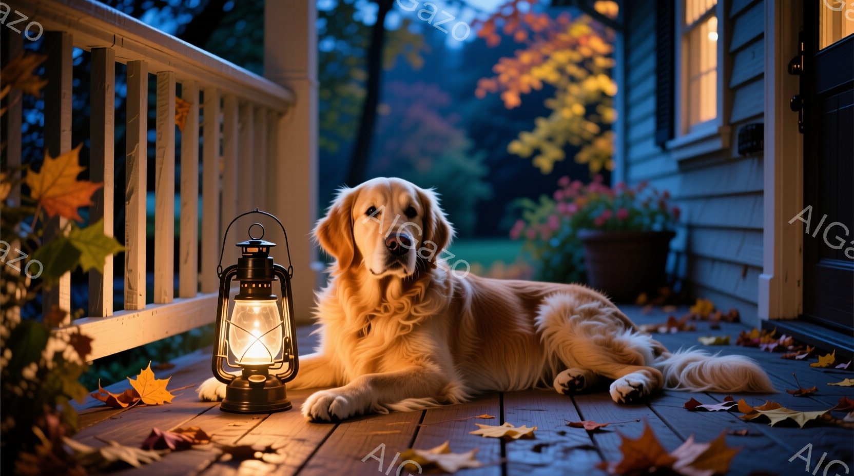 白い木製のデッキに、明るい毛並みのゴールデンレトリバーが横たわっています。周りには散った紅葉の葉が積もり、そばには点灯したランタンが暖かく光を放っています。背景には木造の家と、秋の色彩豊かな自然が広がり、落ち着いた温かい雰囲気を醸し出しています。