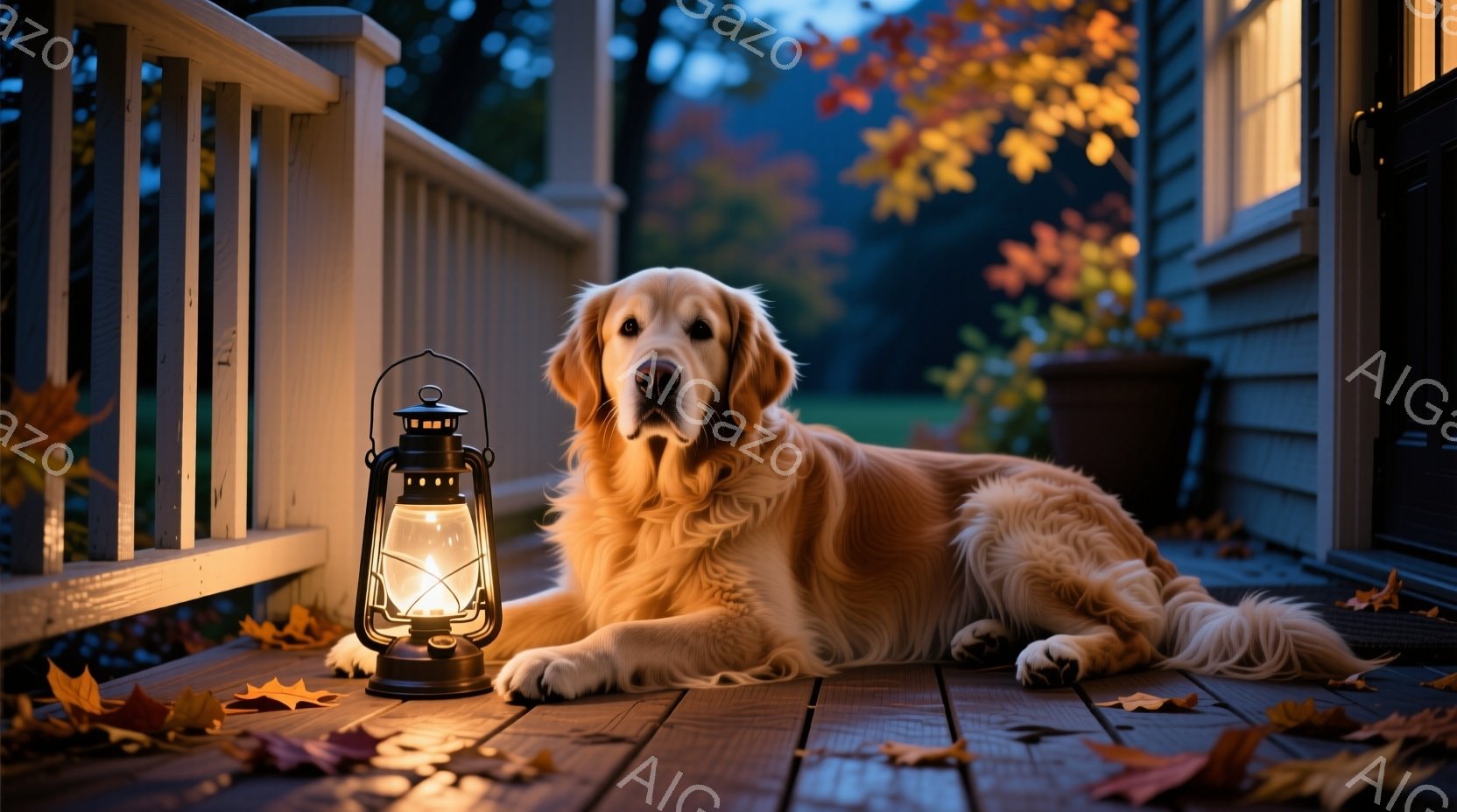 黄金色の毛並みのゴールデンレトリバーが、木のデッキに横たわってリラックスしています。周囲には散った紅葉が点在し、背景には植物が植えられた鉢や家の構造が見え、温かい光を放つランタンが犬の隣に置かれていま - AI生成フリー素材