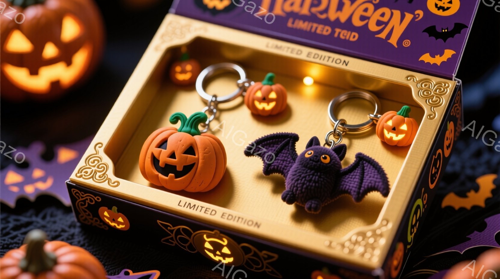 ハロウィーン限定版のキーホルダーが、オレンジ色の背景の箱の中に並べられています。カボチャとコウモリの形をした可愛らしいキーホルダーは、ハロウィーンの装飾と調和し、温かみのある光がそれらを照らしています。背景には、様々なサイズのジャック・オー・ランタンが配置され、祝祭的な雰囲気を高めています。
