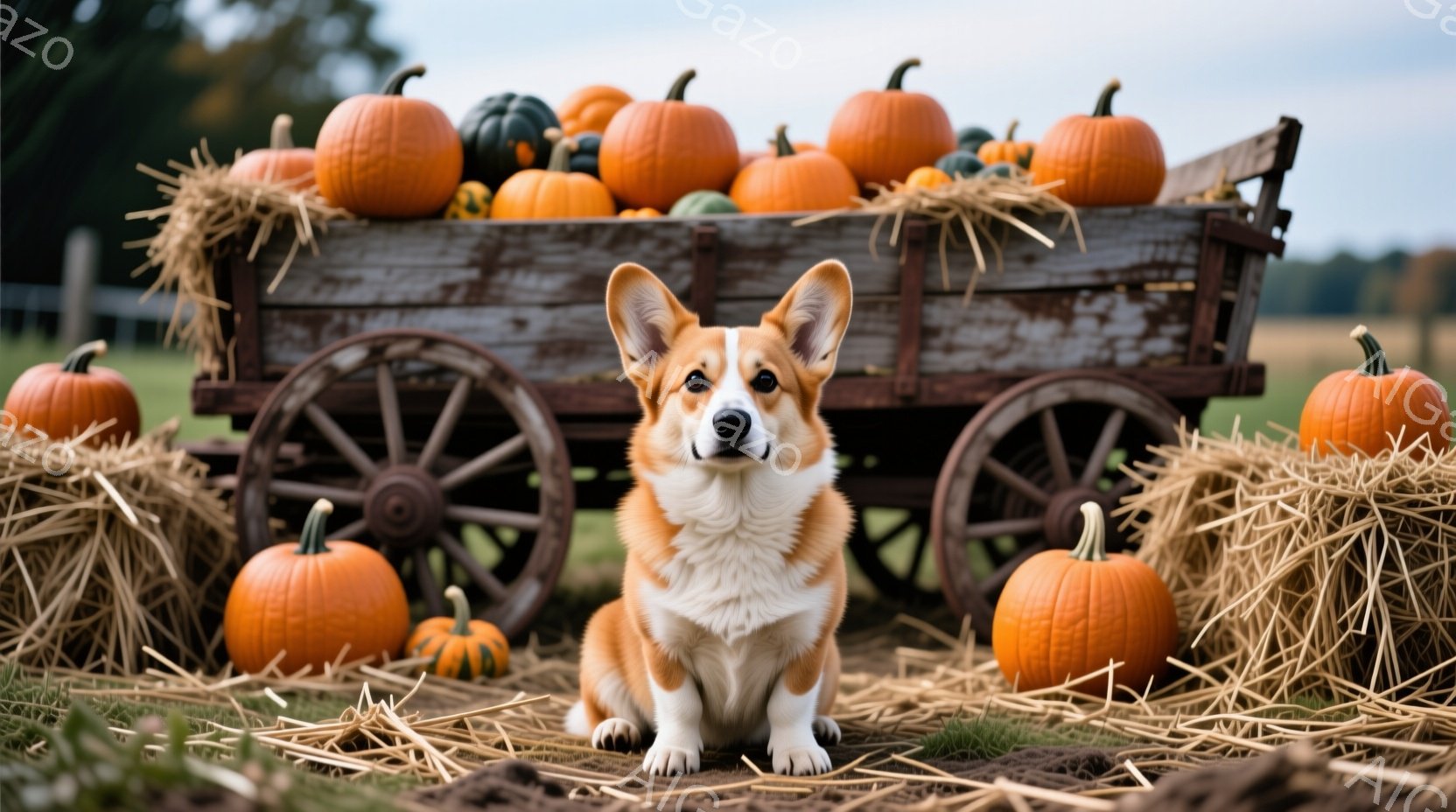 鮮やかなオレンジ色のコーギー犬が、干し草とカボチャに囲まれて座っています。背景には、カボチャでいっぱいの古びた馬車があり、秋の収穫を思わせます。全体的に暖かく、心地よい雰囲気で、秋の訪れを感じさせる一枚です。