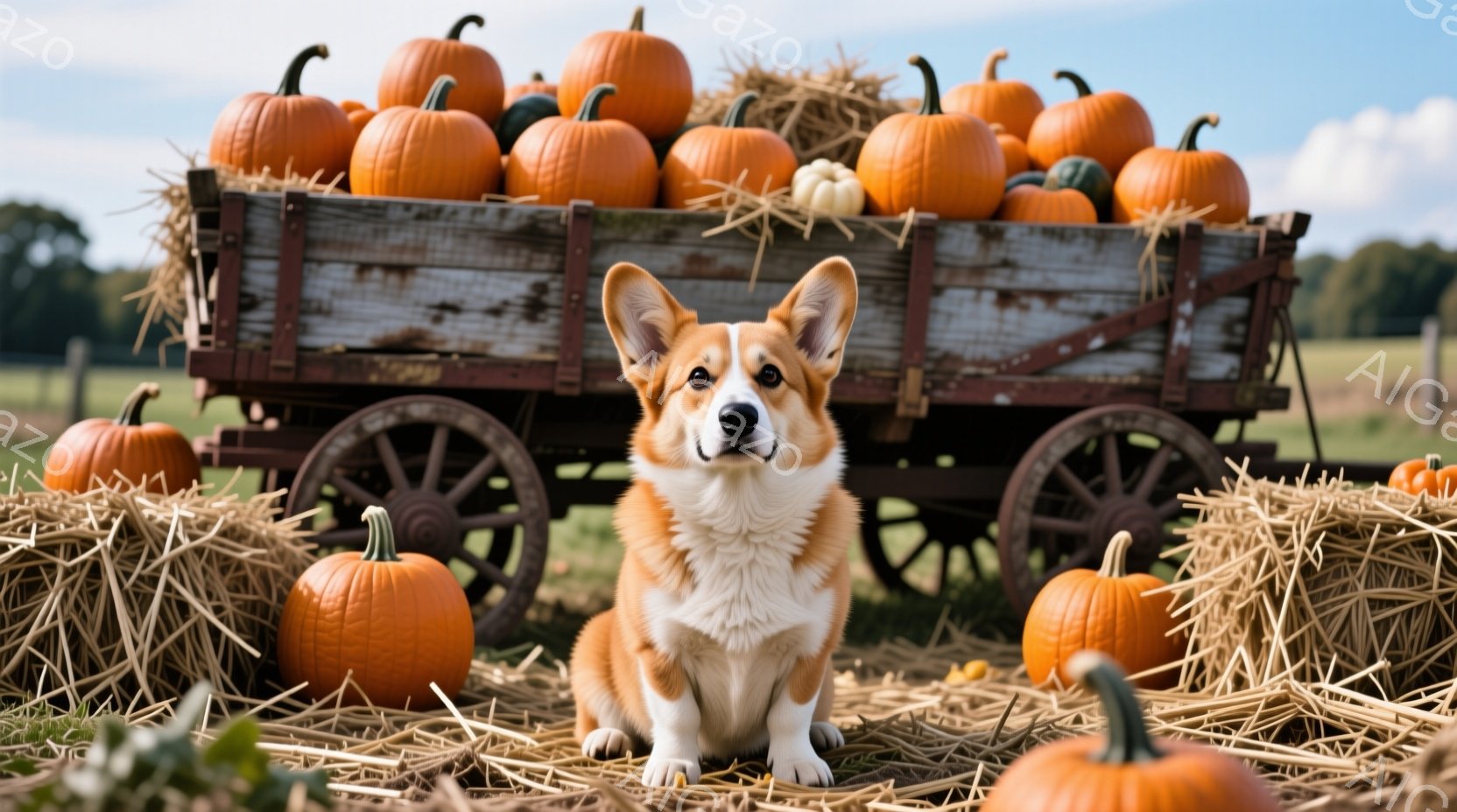 「秋」をテーマにした写真です。中心に、毛色が白とオレンジで特徴的なコーギー犬が座っており、それぞれの耳にはピンクのプラスチック製のイヤリングがつけられています。犬は正面を向き、注目力のある表情をしています。 犬の後ろには、携帯用のバスケットが置かれており、その中にピンクとオレンジのパンプキンが入っています。これは「秋のハラスメント」を象徴します。
