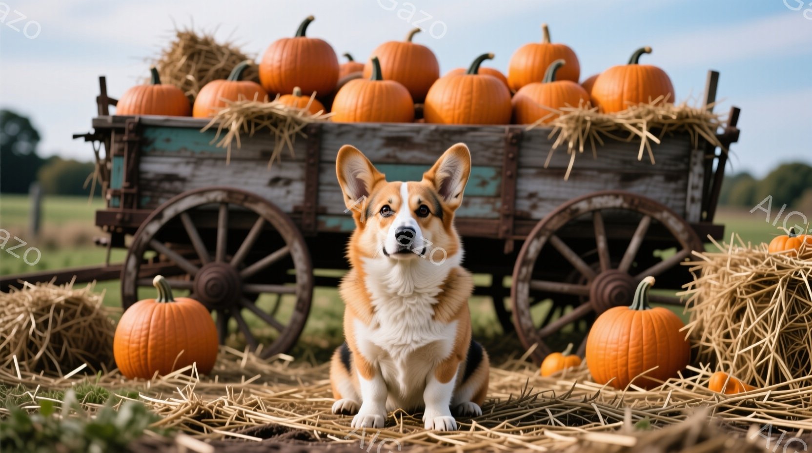 コルギ犬が、かぼちゃが積まれた古い馬車を背景に、藁の上に座っています。犬は正面を向き、穏やかな表情でカメラを見つめており、秋の収穫祭を思わせる温かい雰囲気です。背景には緑の牧草地が広がり、晴れた空が広がっています。