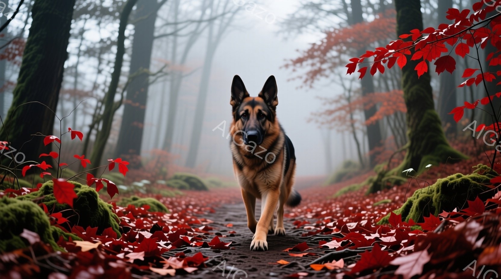 森林の中を、ジャーマンシェパードがまっすぐこちらに向かって歩いてくる姿が捉えられています。地面は落ち葉で覆われ、苔むした木々が背景にぼんやりと見え、霧が立ち込めて神秘的な雰囲気を醸し出しています。犬は - AI生成フリー素材