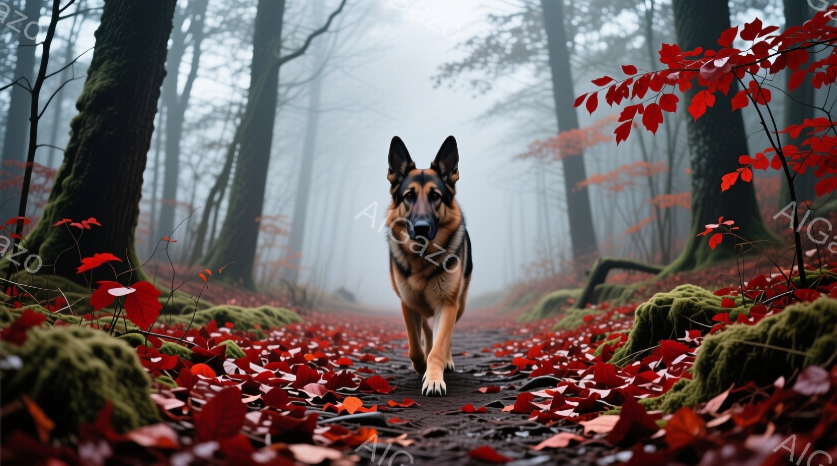 鮮やかな赤色の落ち葉が敷き詰められた森の小道を、ジャーマンシェパードが正面をまっすぐ見て歩いている。背景は霧に包まれた木々で、苔むした幹が立ち並び、秋の静寂と神秘的な雰囲気を醸し出している。犬は力強く - AI生成フリー素材