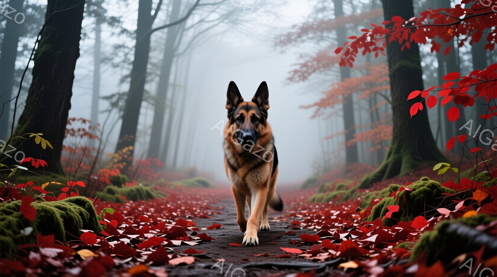 鮮やかな赤色の落ち葉が敷き詰められた森の中を、ジャーマンシェパードが毅然とした態度で歩いている。背景は霧に包まれ、苔むした木々が立ち並び、秋の寂しさと神秘的な雰囲気を醸し出している。犬はまっすぐ前を見据え、力強く、自信に満ちた姿で、まるで森の守護者のように見える。
