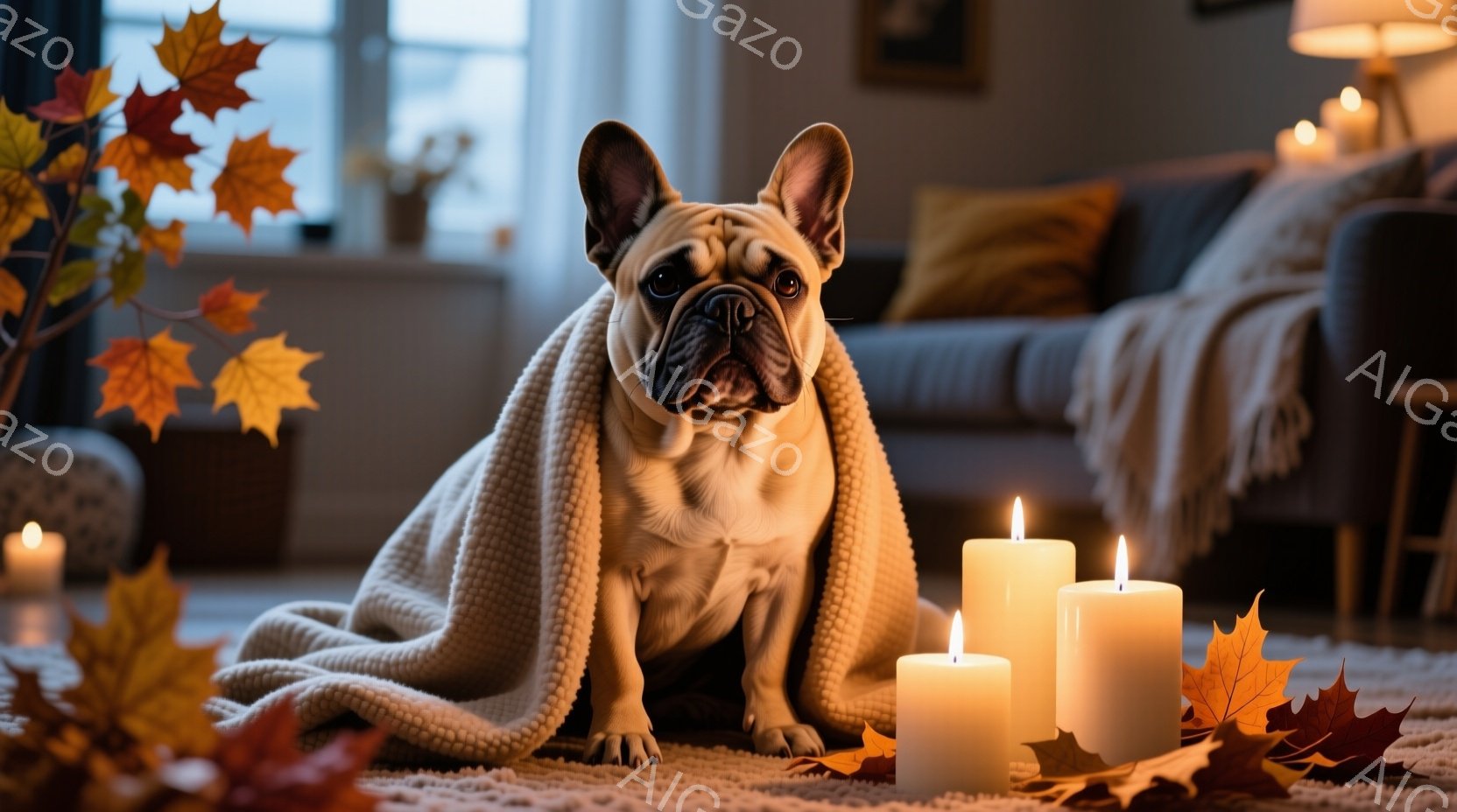 クリーム色のフレンチブルドッグが、柔らかいオフホワイトのブランケットに包まれて床に座っています。周りには燃え盛るキャンドルと、散りばめられた紅葉の葉があり、秋の暖かく穏やかな雰囲気を醸し出しています。背景にはソファと間接照明が見え、部屋全体が落ち着いた光で満たされています。