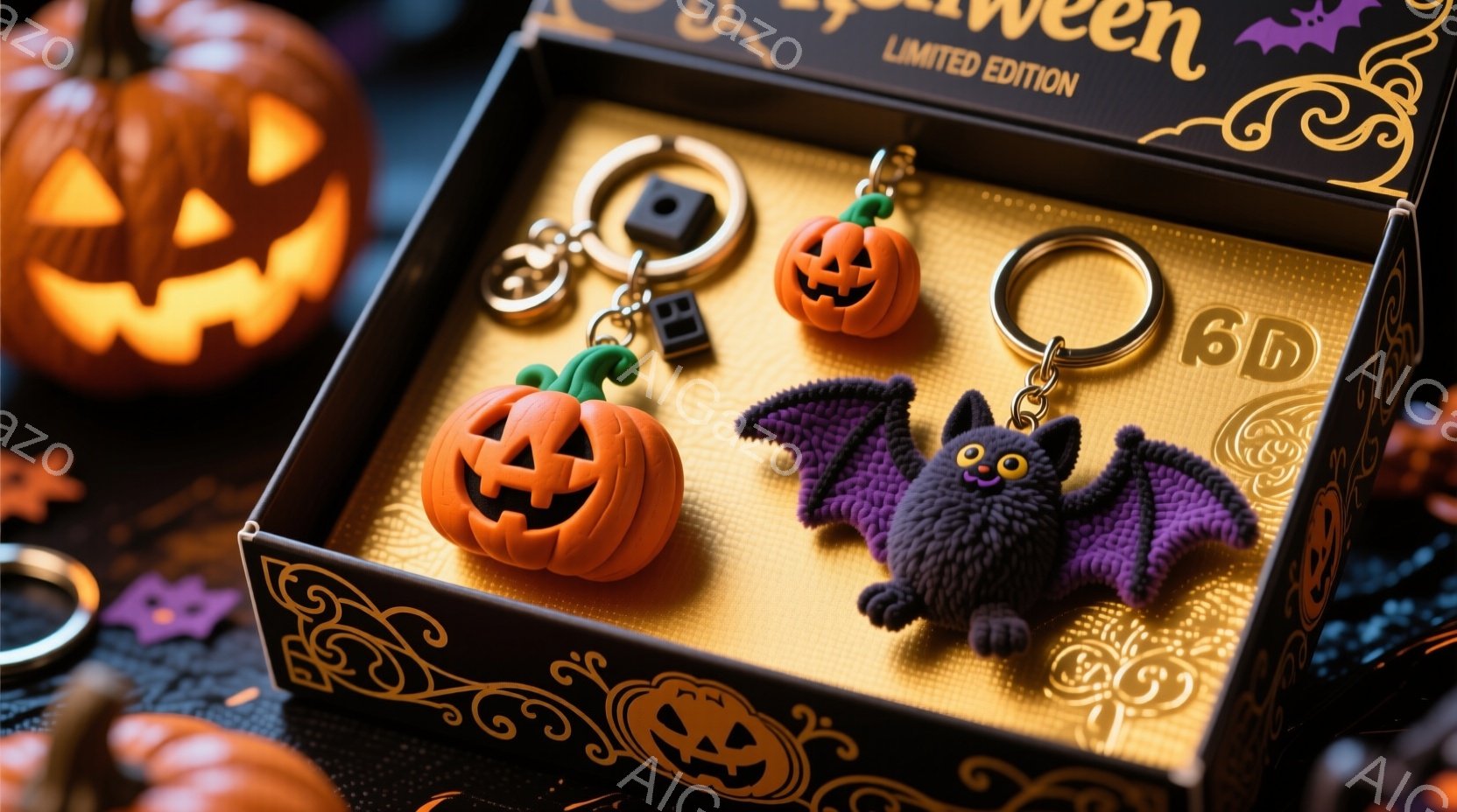 ハロウィーン限定版のキーホルダーセットが、オレンジと紫色の装飾が施された箱の中に並んでいます。カボチャの形をしたキーホルダー、コウモリの形をしたキーホルダー、そしてお化けの形をしたキーホルダーが、鮮やかなオレンジと紫の色合いで魅力的です。背景には、ハロウィーンをテーマにした装飾がぼやけており、全体的に遊び心があり、お祝いムードを醸し出しています。