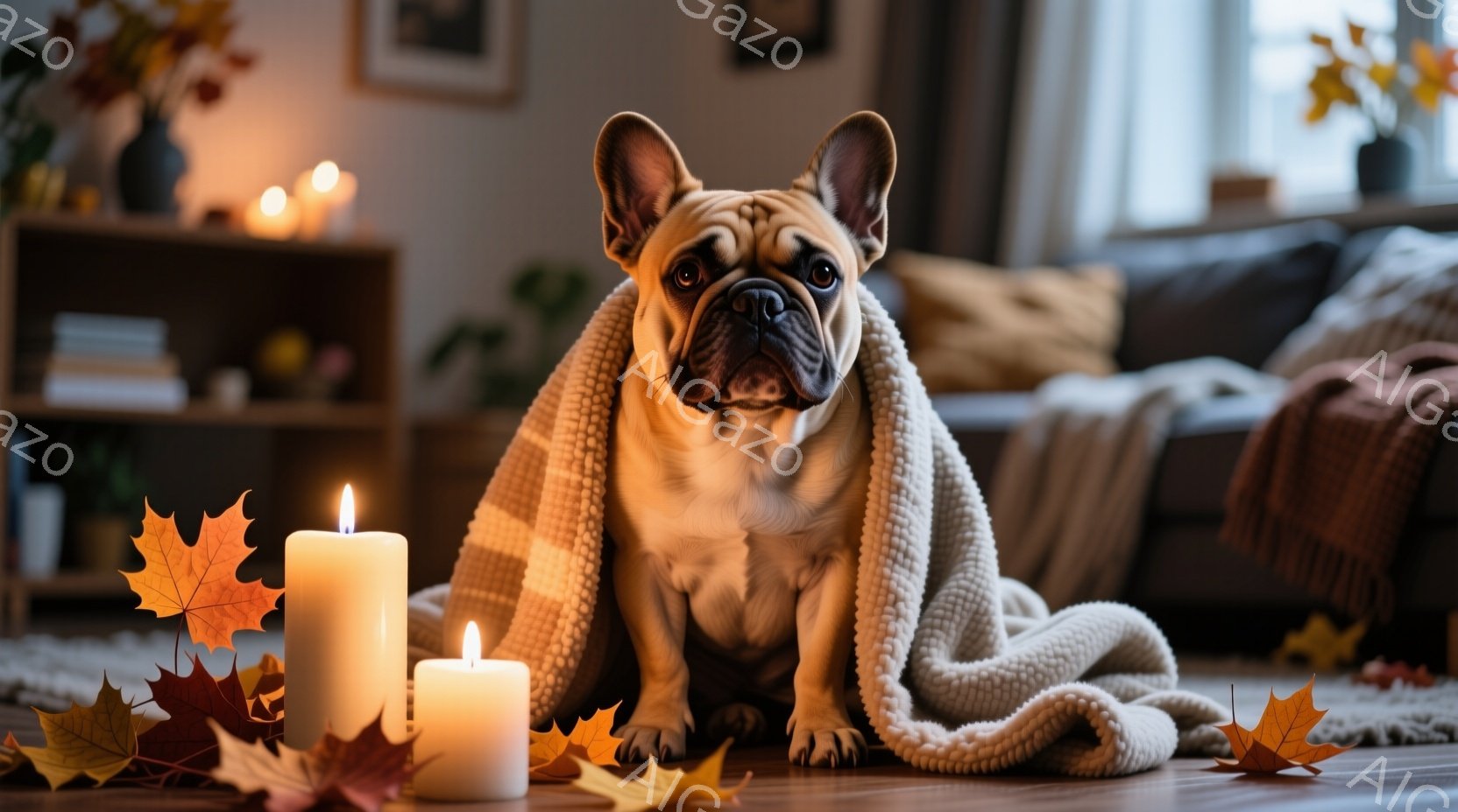 白いフレンチブルドッグが、オフホワイトの厚手のニットを羽織って床に座っています。優しい表情でカメラを見つめ、周囲には秋らしい紅葉の葉と灯りの灯るキャンドルが散りばめられています。背景には、本棚やソファが見え、暖かく落ち着いた秋の雰囲気を感じさせます。
