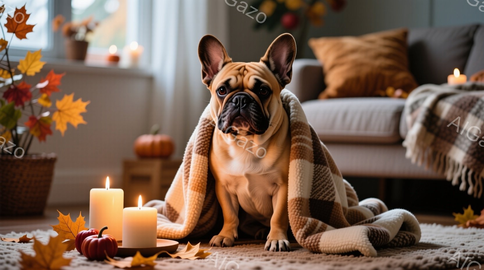 クリーム色のフレンチブルドッグが、チェック柄のブランケットを羽織って床に座っています。暖炉のそばにあると推測される室内で、周りにはカボチャやキャンドル、落ち葉が散らばっており、秋の温かい雰囲気を醸し出しています。犬は正面を見ており、穏やかでリラックスした表情をしています。