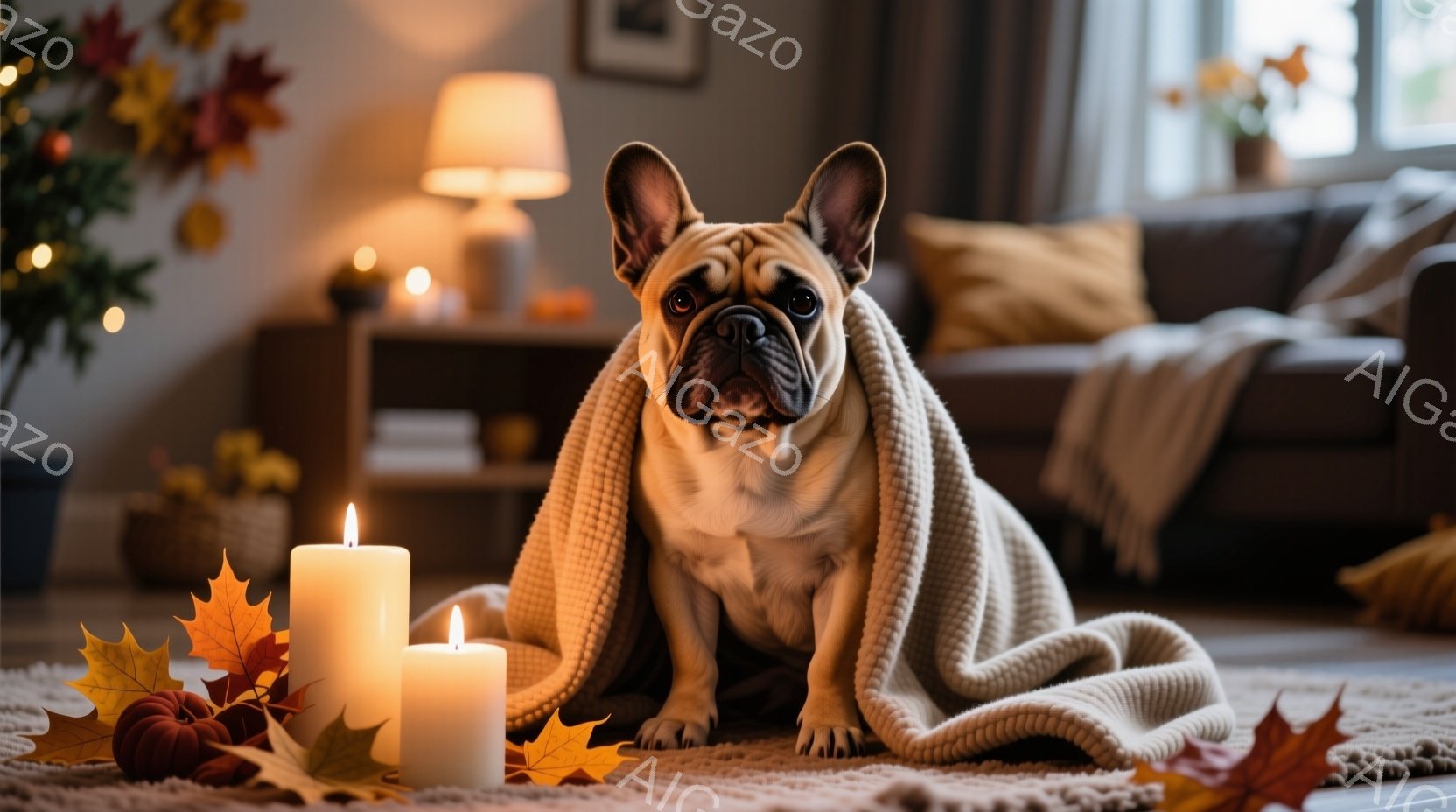 白い毛並みのフレンチブルドッグが、ベージュ色の柔らかいブランケットに包まれて床に座っています。周りには、秋を象徴する紅葉の葉と灯りの温かいキャンドルが散りばめられ、暖炉のある居間の落ち着いた雰囲気を演出しています。犬は穏やかな表情で正面を見つめており、リラックスした秋のひとときを表現しています。