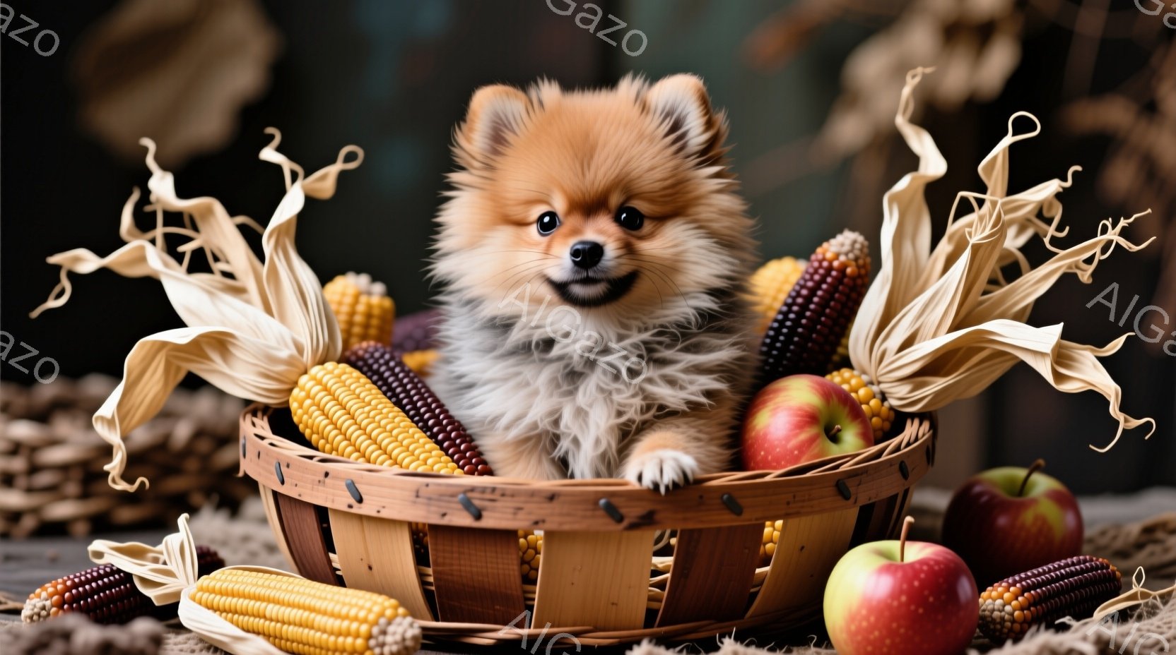 籠の中にふわふわの茶色のポメラニアンの子犬が座っており、好奇心旺盛な表情で正面を見ています。籠の周りには、乾燥したトウモロコシや赤いリンゴが置かれ、秋の収穫を思わせる雰囲気です。背景は暗く、全体的に暖かく、素朴な雰囲気の静物画です。