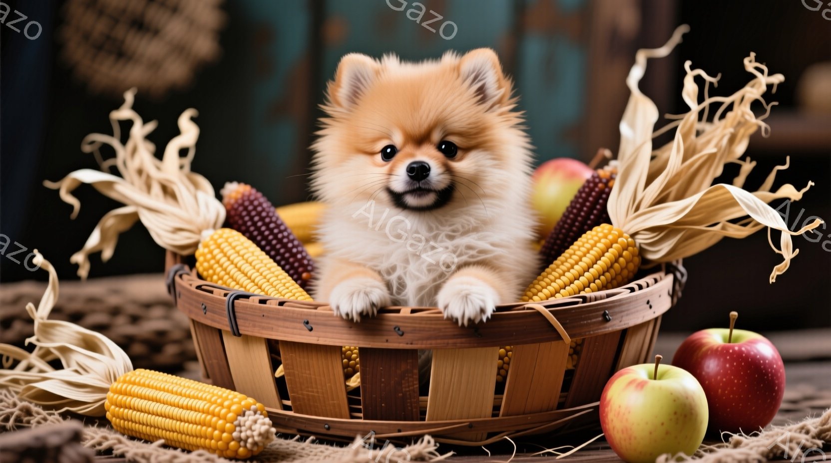 ポメラニアンの子犬が、トウモロコシとリンゴに囲まれた籐のバスケットの中に座っています。子犬はふわふわの毛並みで、丸い目でカメラを見つめ、可愛らしい表情をしています。背景には木製のテーブルと藁が敷かれ、 - AI生成フリー素材