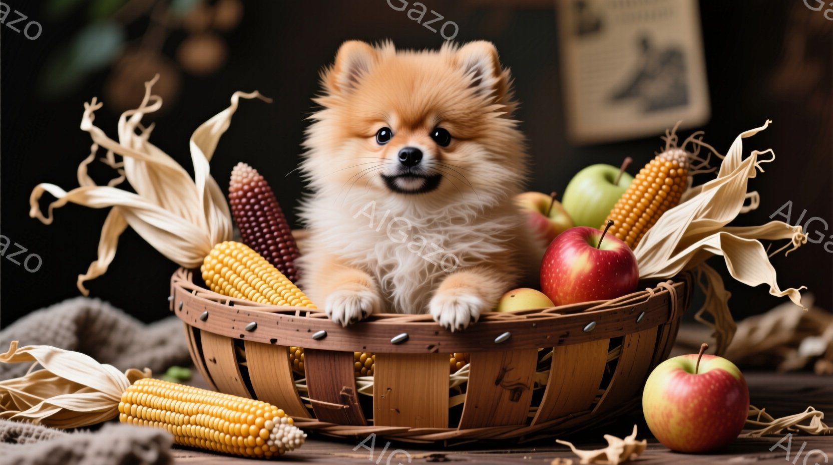 鮮やかなオレンジ色の毛並みを持つ、小型犬のポメラニアンが、籐編みのカゴの中にちょこんと座っています。カゴの中には、収穫されたばかりのトウモロコシと赤いリンゴが置かれ、秋の収穫祭の雰囲気を醸し出しています。背景は木製のテーブルで、暖かく、豊穣な秋の自然を感じさせる一枚です。