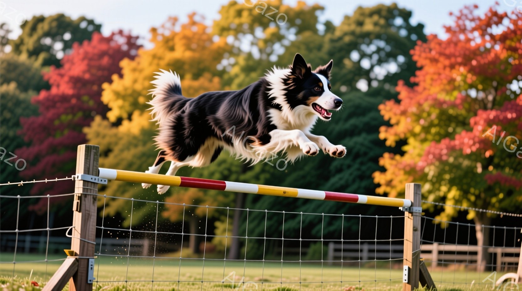 黒と白のボーダーコリーが、赤いバーが設置された柵を飛び越えようとしている瞬間を捉えた写真です。犬は口を開けており、集中力と興奮が伝わってきます。背景には緑豊かな木々と、秋の紅葉が広がり、晴れた空の下、活気のある雰囲気です。