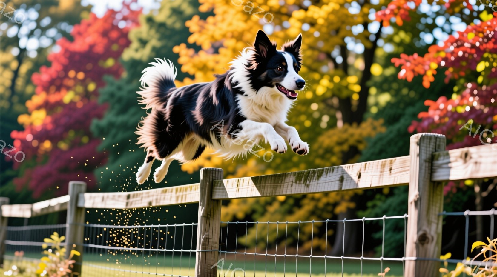 黒と白のボーダーコリーが、木の柵を飛び越える瞬間を捉えた写真です。犬は勢いよく空中に舞い上がり、喜びと活気に満ちた表情をしています。背景には、赤や黄色の鮮やかな紅葉が広がり、秋の穏やかな日差しが降り注 - AI生成フリー素材
