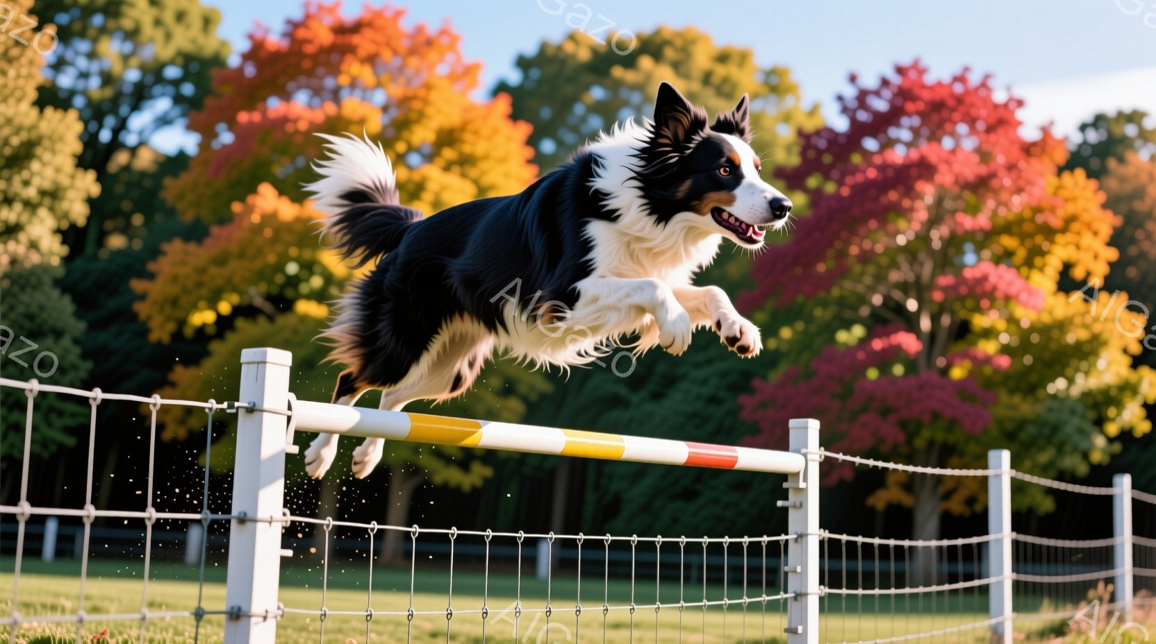 白と黒のボーダーコリーが、白い柵を飛び越える瞬間を捉えた写真です。犬は空中で体を大きく広げ、集中した表情で、まるで空を飛んでいるかのように見えます。背景には赤やオレンジ色に色づいた木々が広がり、秋の穏やかな日差しの中で、犬の躍動感と自然の美しさが調和した、活気に満ちたシーンが描かれています。
