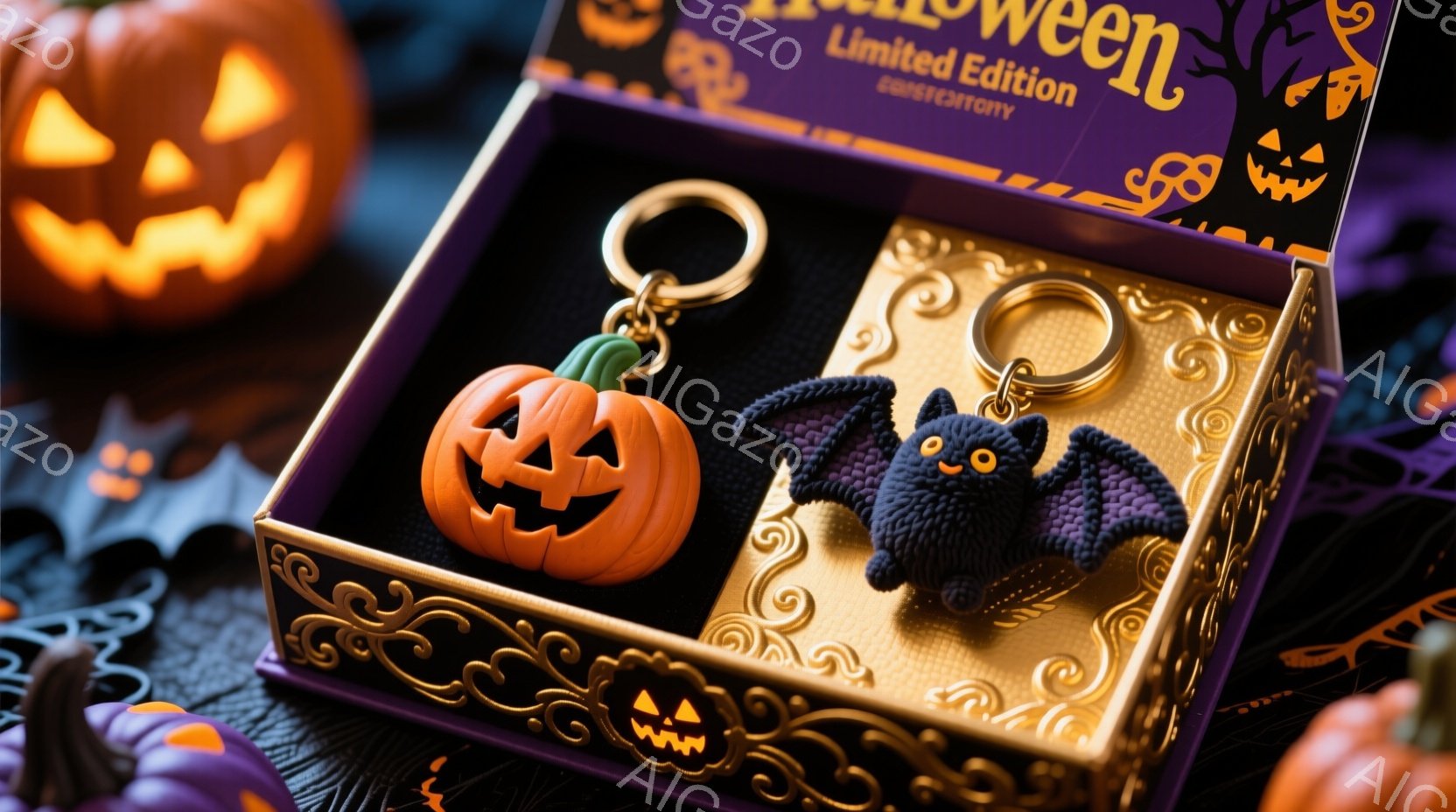 ハロウィーン限定版のキーホルダーが、装飾された箱の中に置かれています。オレンジ色のジャック・オー・ランタンと紫色のコウモリのキーホルダーが並んでおり、背景には紫色の装飾と他のハロウィーンの飾りが見られます。全体的に、ハロウィーンの雰囲気を盛り上げる、可愛らしいディスプレイとなっています。
