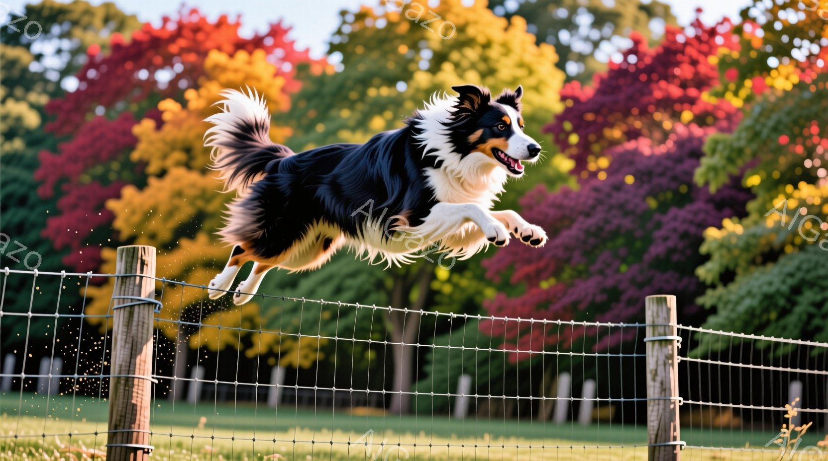 鮮やかな秋の背景を背に、ボーダーコリーがフェンスを飛び越える躍動的な瞬間が捉えられています。犬は黒と白の毛並みで、口を開けて楽しそうに走り、その姿は生き生きとしています。背景には緑の草地と、赤や黄色の葉が茂る木々が広がり、秋の暖かく、活動的な雰囲気を醸し出しています。