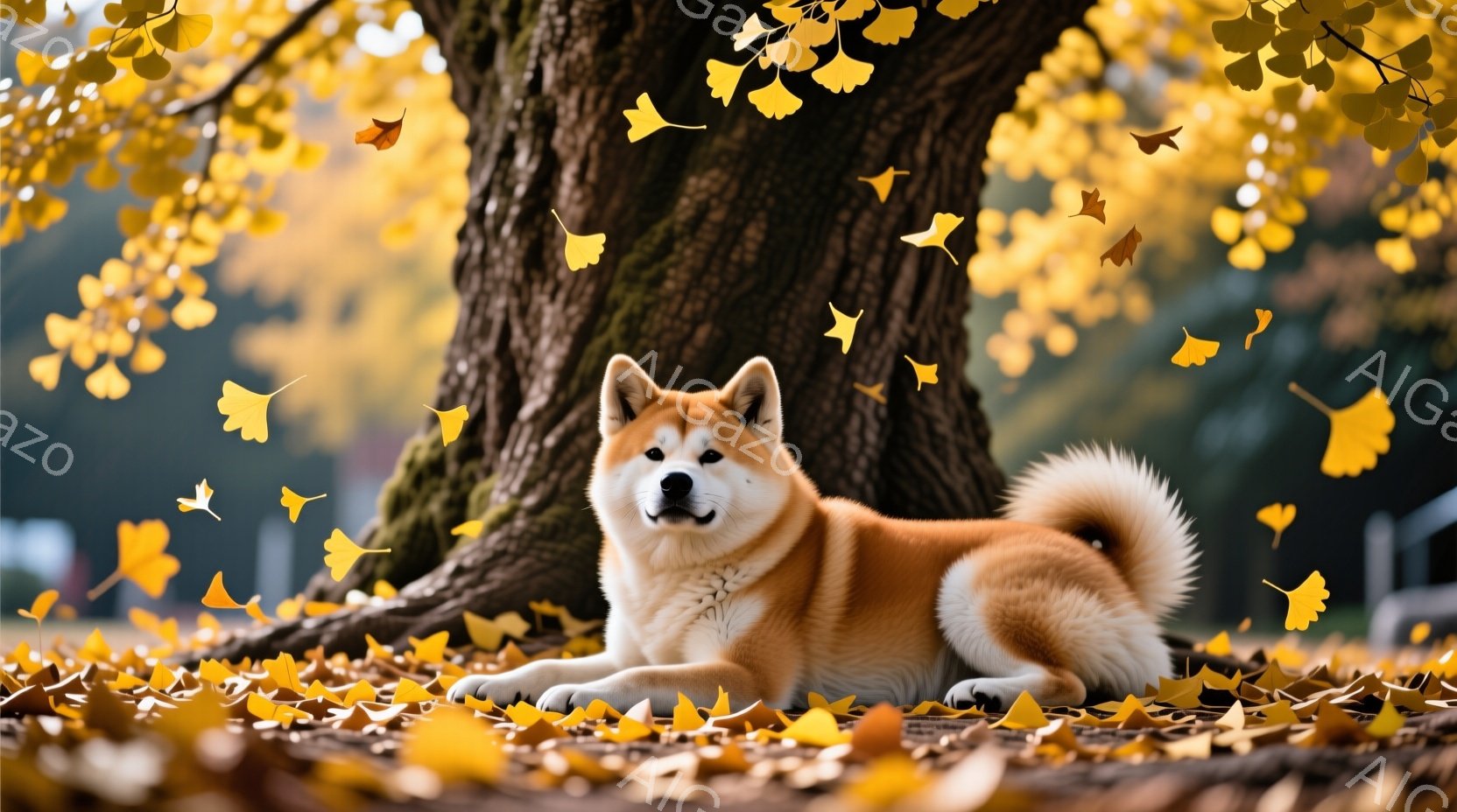 秋のイチョウの木の下に、柴犬が横たわっています。黄金色のイチョウの葉が舞い降り、地面や犬の周りを覆っています。犬はリラックスした表情で、穏やかで温かい秋の雰囲気が漂っています。 - AI生成フリー素材