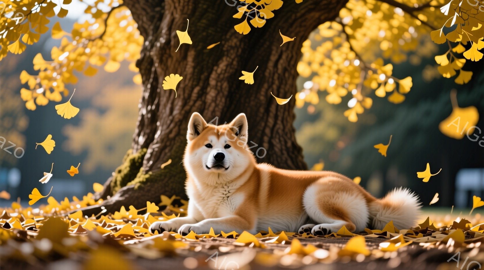 鮮やかなオレンジ色の柴犬が、落ち葉が積もった木の根元で横たわっています。穏やかな表情でカメラを見つめ、ふっくらとした毛並みが秋の光に照らされています。背景には黄金色のイチョウの葉が舞い散り、暖かい秋の - AI生成フリー素材