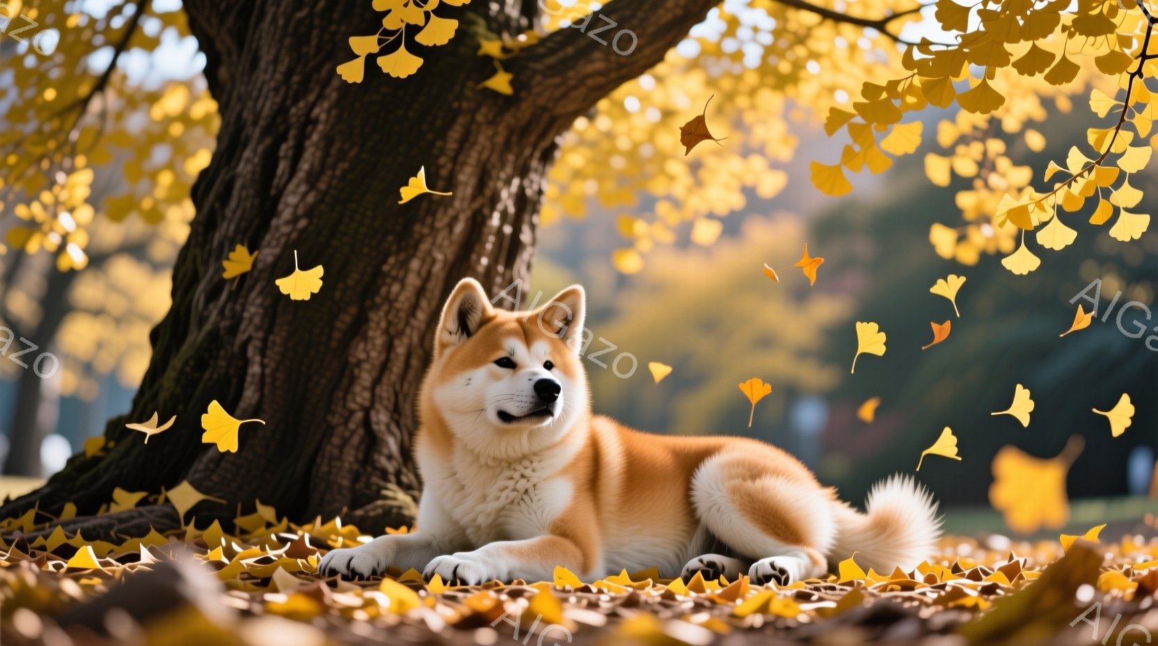 秋のイチョウ並木で、柴犬がリラックスして横たわっています。オレンジ色の毛並みに白い胸毛が特徴的で、穏やかな表情で正面を見つめています。背景には黄色いイチョウの葉が舞い散り、暖かく穏やかな秋の雰囲気を醸 - AI生成フリー素材