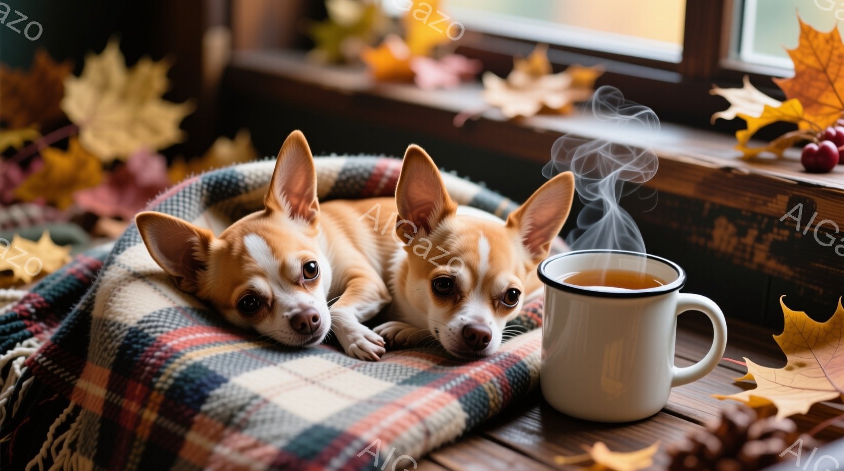 窓辺に置かれたチェック柄のブランケットの上で、二匹のチワワが寄り添って横たわっています。二匹とも茶色い毛並みで、少し眠たげな表情をしています。背景には紅葉の葉が散りばめられ、温かい飲み物が入ったマグカップが置かれ、秋の暖かく落ち着いた雰囲気を醸し出しています。