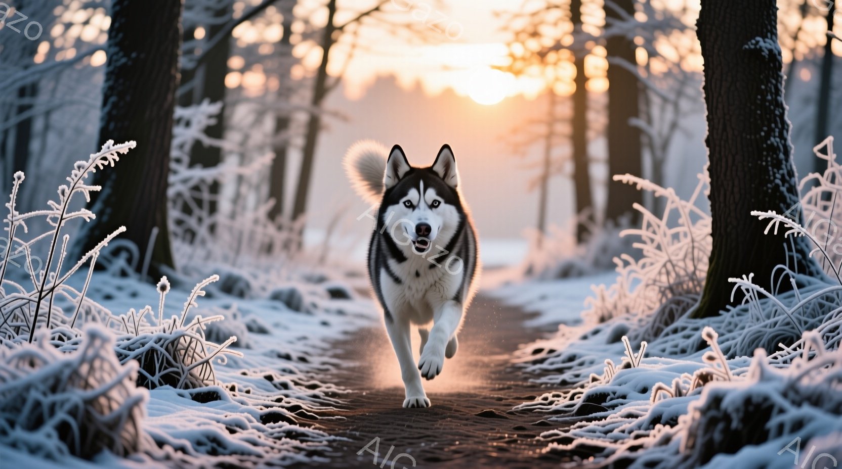 白と黒のシベリアンハスキーが雪に覆われた森の中を勢いよく走っている。背景にはうっすらと夕焼けが広がり、木々は雪で覆われ、幻想的な雰囲気を醸し出している。ハスキーの表情ははっきりと見えないが、活気に満ち - AI生成フリー素材