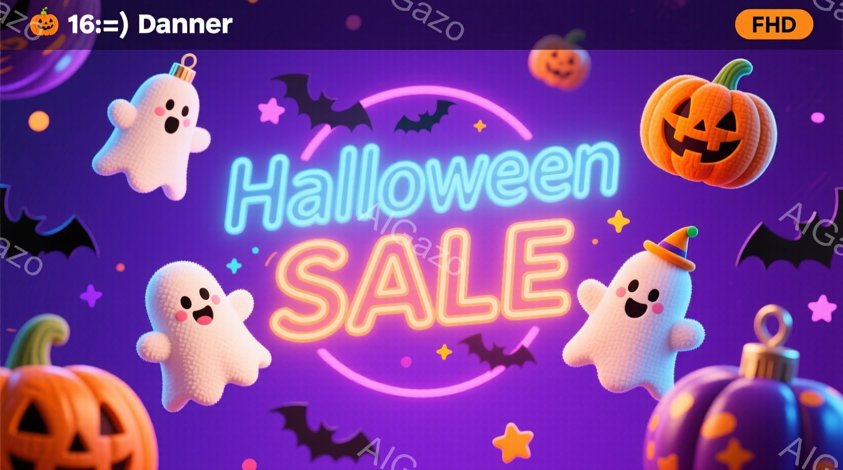 明るい紫色の背景に、ハロウィーンをテーマにしたイラストが描かれています。可愛らしいお化けが帽子をかぶり、浮かび、周りにはカボチャやお星様、コウモリが散りばめられています。全体的にカラフルで、楽しげなハロウィーンセールを告知するような、陽気な雰囲気が漂っています。