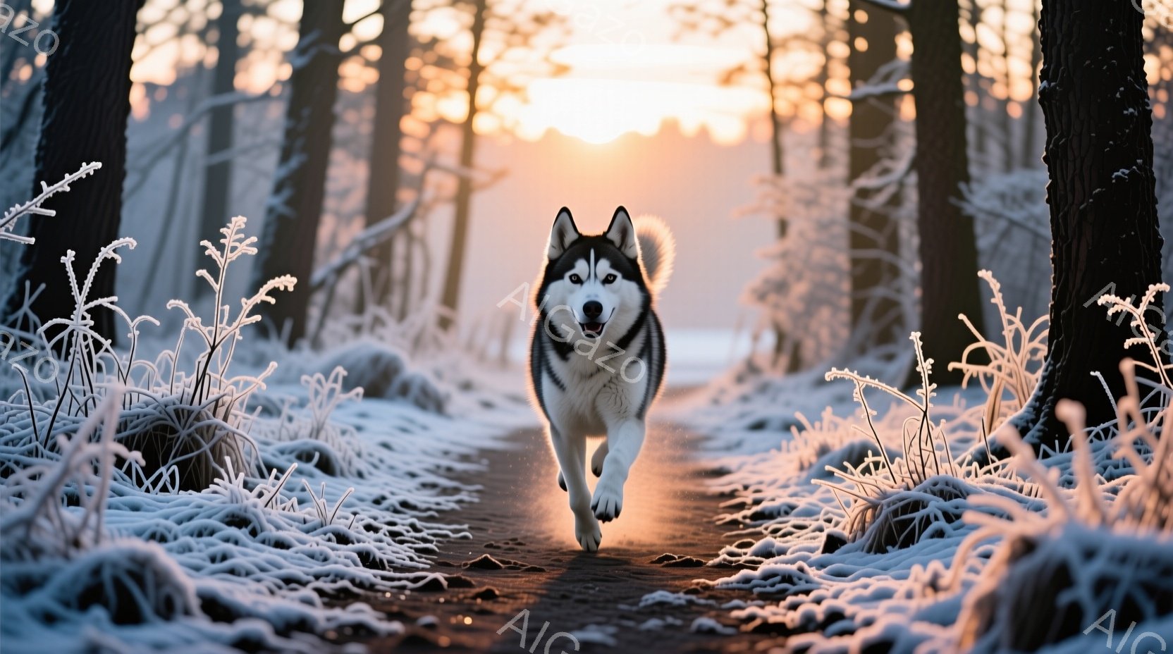 凍てつくような冬の森の中を、シベリアンハスキーが勢いよく駆けている。雪に覆われた道と、霜で白く覆われた草木が、犬の黒と白の毛並みと鮮やかなコントラストを描き出している。背景には、木々の間から差し込む夕 - AI生成フリー素材