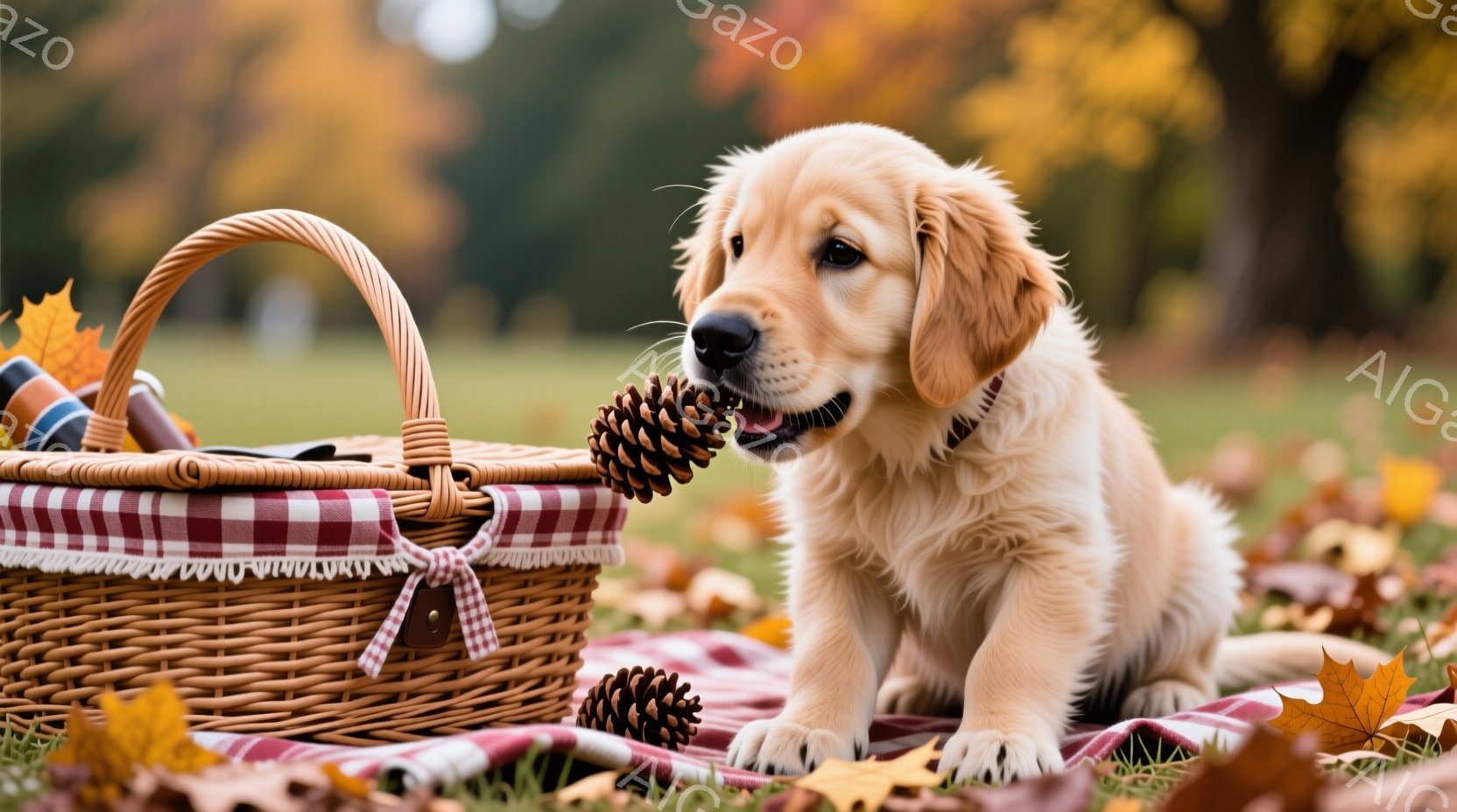 金色のレトリバーの子犬が、チェックの敷物の上に座り、口に松ぼっくりをくわえています。背景には緑の芝生と紅葉した木々が見え、秋の穏やかな自然が広がっています。全体的に暖かく、可愛らしい雰囲気が漂っています。