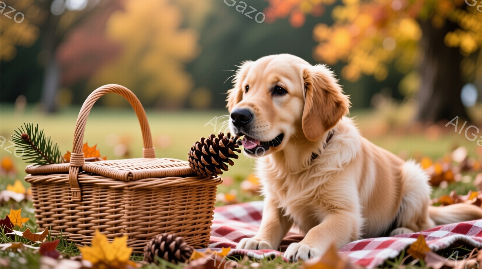 明るい黄金色のゴールデンレトリバーの子犬が、赤いチェックの敷物の上に横たわっています。子犬は口に松ぼっくりをくわえ、穏やかで幸せそうな表情をしています。背景には落ち葉が散らばり、籐編みのバスケットと緑の植物が置かれ、秋の暖かく心地よい雰囲気が漂っています。