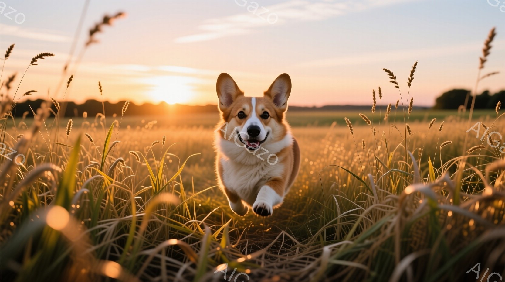 広大な麦畑をコーギーが勢いよく駆け抜けている様子が捉えられています。夕焼けの時間帯で、麦は黄金色に輝き、犬の毛並みも暖色に染まっています。犬は口を開けて楽しそうに走り、その表情は生き生きとしており、背景にはぼんやりと緑の木々が見えます。