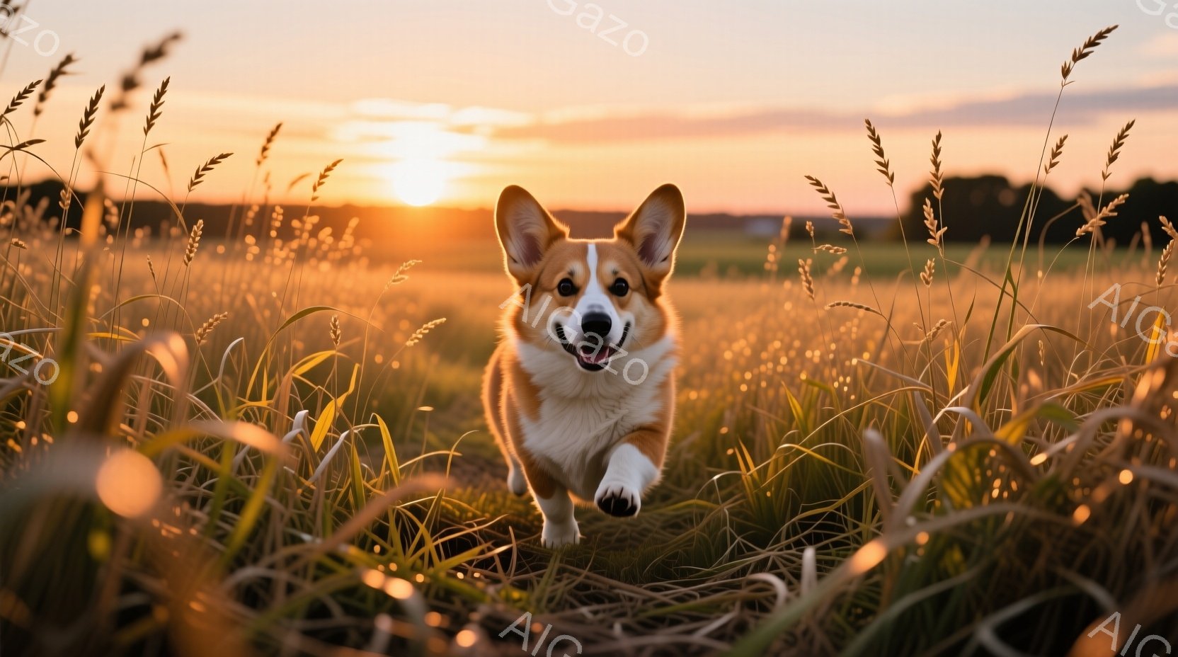 広大な草原を、コーギー犬が勢いよく駆け抜けている。夕焼けに照らされた草々は金色に輝き、犬の毛並みも暖かく映える。背景にはぼんやりと木々が見え、穏やかで幸福感に満ちた雰囲気が漂っている。 - AI生成フリー素材