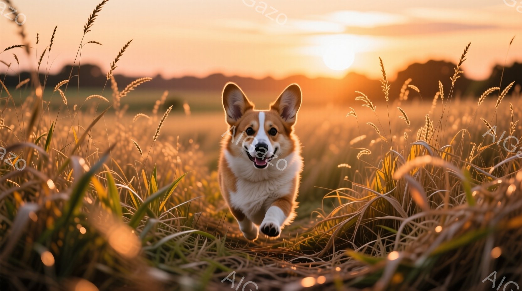 金色の夕日に照らされた麦畑の中を、コーギー犬が勢いよく駆けている。犬は口を開けて楽しそうに微笑み、前足を大きく踏み出している様子から、自由で幸せな瞬間が伝わってくる。背景には地平線まで続く麦畑と、ぼんやりとしたシルエットの木々が見え、暖かく穏やかな雰囲気を醸し出している。