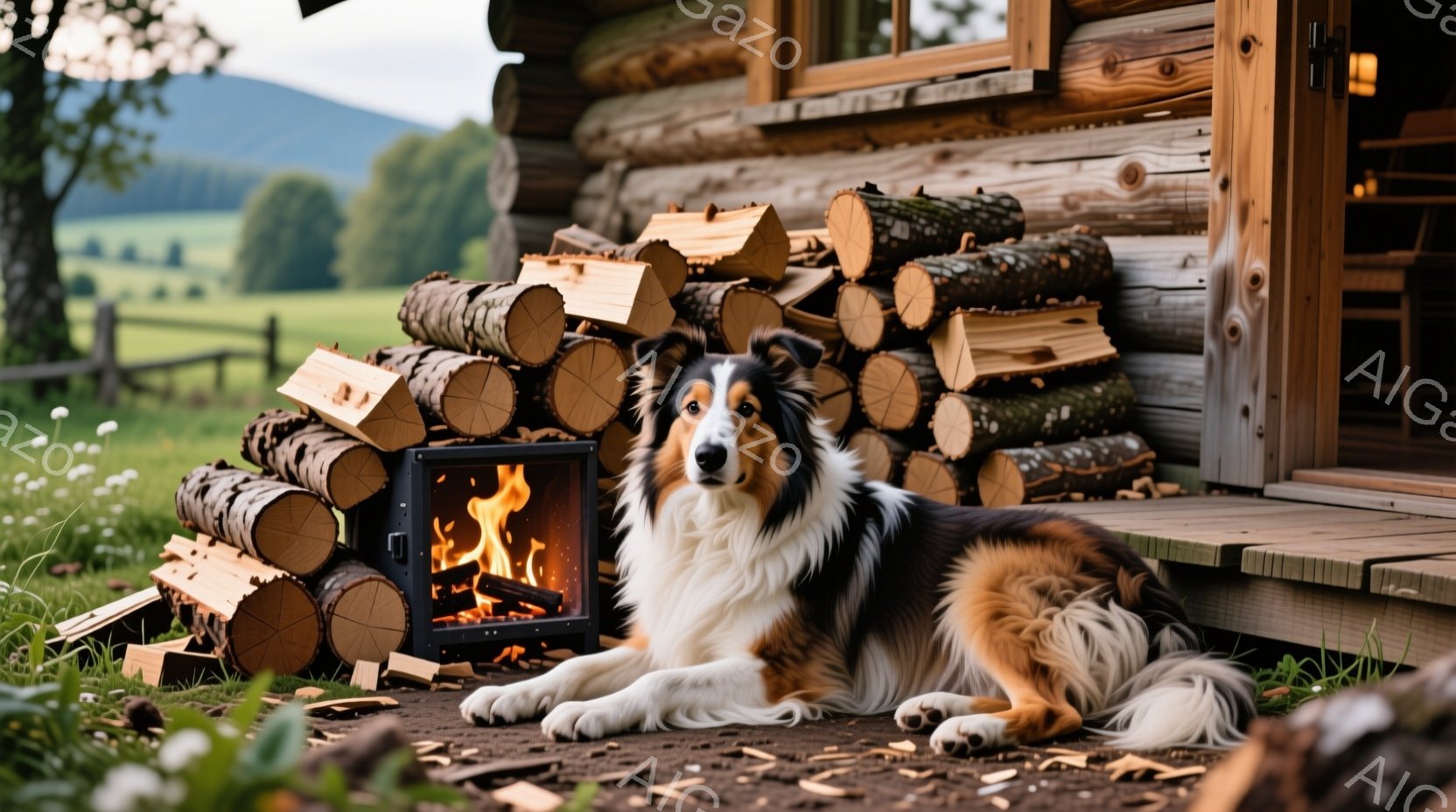 広々とした木製のベランダで、美しいボーダーコリーがリラックスして横たわっています。そばには薪ストーブがあり、炎が暖かく灯っています。背景には緑豊かな草原と木々が見え、穏やかで牧歌的な雰囲気が漂っていま - AI生成フリー素材