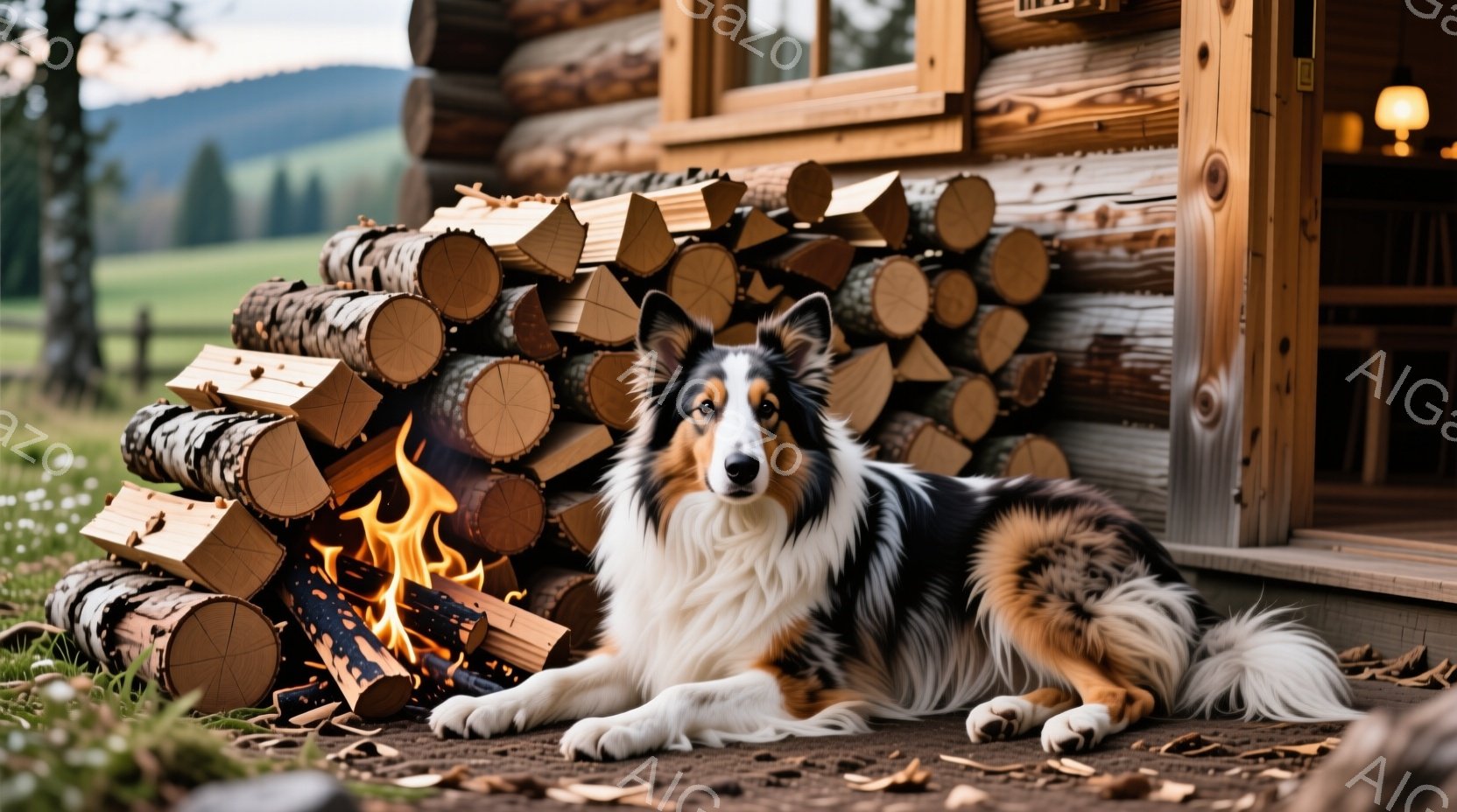 茶色と黒の毛並みの美しいボーダーコリーが、丸太が積まれた木造の家の外でリラックスして横たわっています。背景には緑の草原と遠くの山々が見え、穏やかな夕暮れの光が辺りを照らしています。暖炉の炎が丸太の一部を照らし、安らぎと温かさを感じさせる、平和な田園風景です。