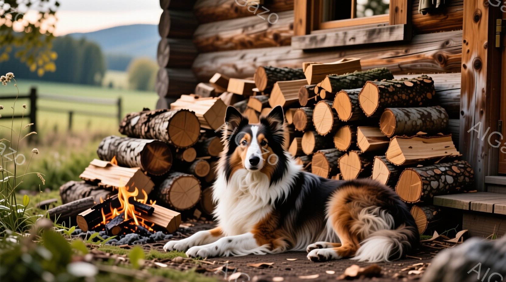 この以下の要素があります： - 動物：青白黒のコーギーが床に座っており、表情は安らぎと落ち着きを表しています。 - 建物：木造の小さな家が背景にあり、窓から日光が差し込んでいるようです。