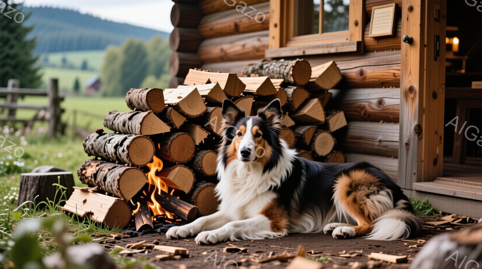 暖炉の薪のそばに、美しい毛並みのボーダーコリーが横たわっています。その表情は穏やかで、リラックスした様子が伝わってきます。背景にはログハウスと緑豊かな草原が広がり、穏やかな夏の日の雰囲気が漂っています - AI生成フリー素材