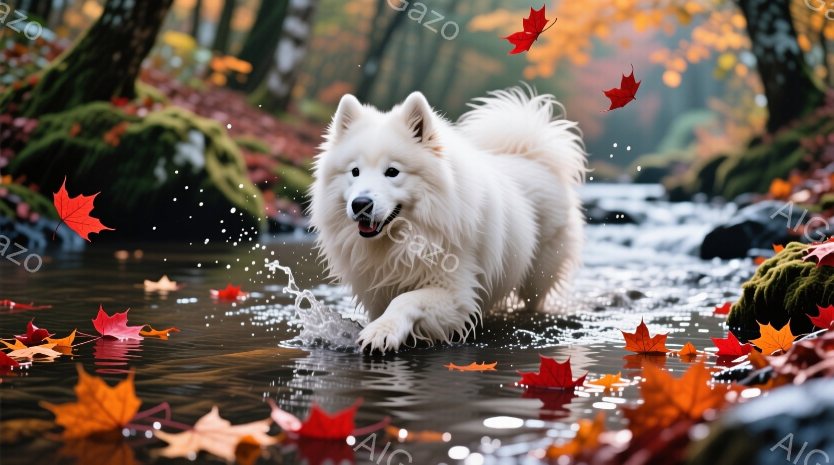 白い毛並みの大型犬が、水しぶきを上げながら川の中を駆け抜けている。背景には、紅葉した木々と緑の苔むした岩があり、秋の自然が感じられる。犬の表情は嬉しそうで、活気に満ちた雰囲気が伝わってくる。