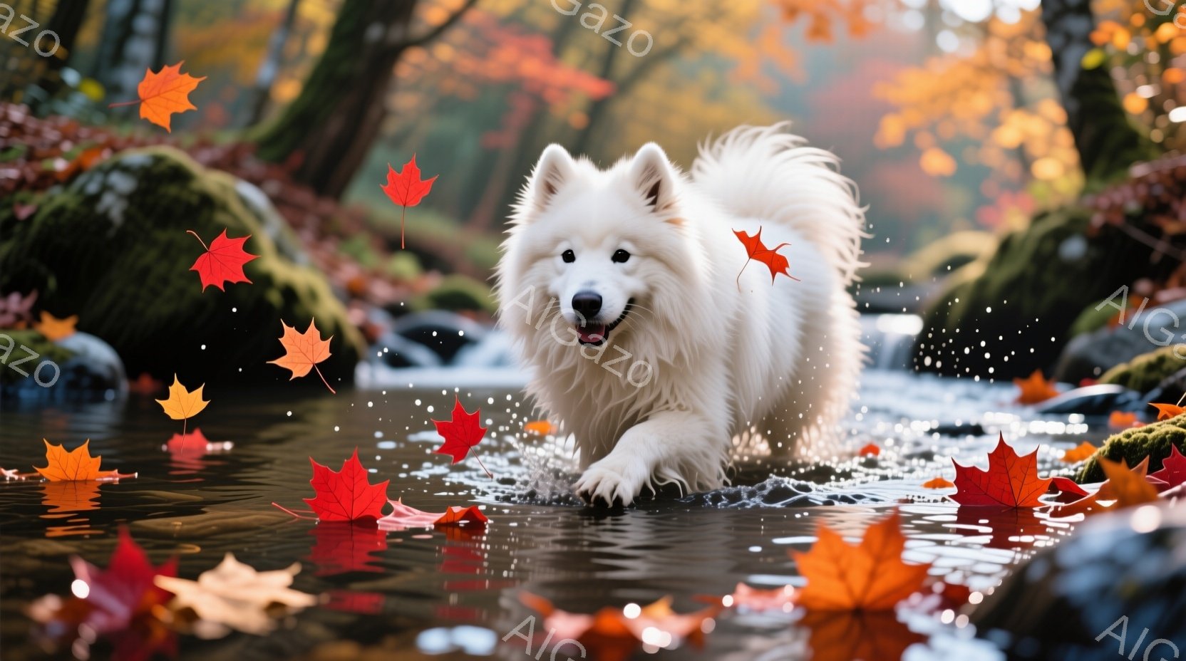 白くふわふわとした毛並みの犬が、水しぶきを上げながら小川の中を駆け抜けている。背景には秋の紅葉が広がり、水面には赤や黄色の落ち葉が浮かんでおり、活気に満ちた秋の風景が広がっている。犬は嬉しそうな表情で、自然の中で自由に楽しんでいる様子が伝わってくる。