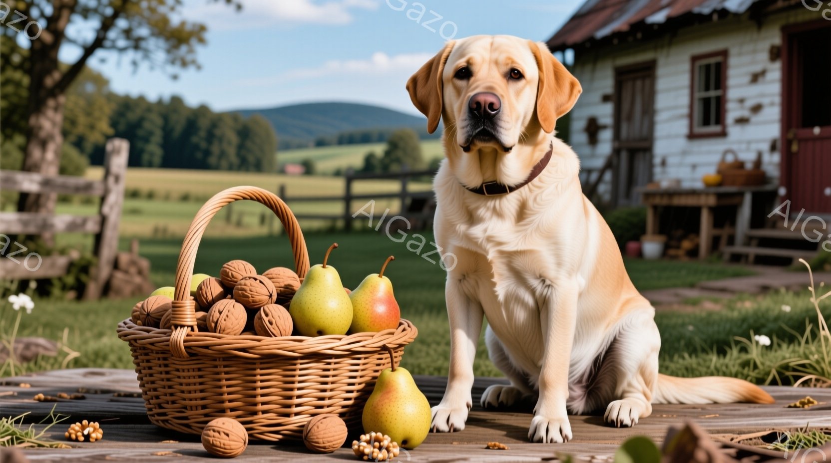 明るい木製のデッキの上に、茶色の首輪をつけたゴールデンレトリバーが座っています。周りには、籐のバスケットに入った梨やクルミが散らばっており、背景には木製の家と緑豊かな丘が見えます。全体的に、穏やかで素 - AI生成フリー素材