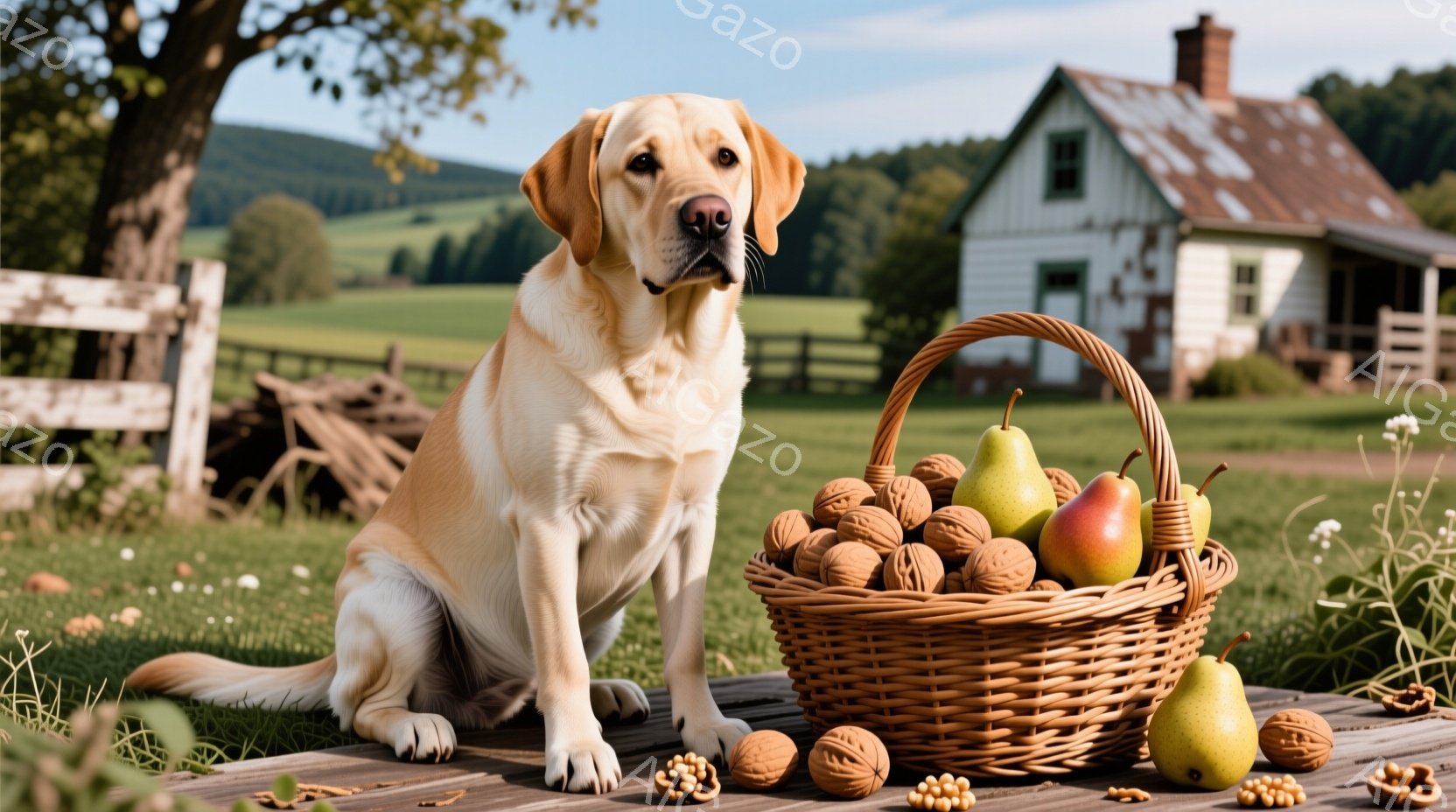 明るい茶色のラブラドール・レトリバーが、木製のテーブルの前に座ってこちらを見つめています。テーブルの上には、クルミと梨がたくさん入った編み込みのバスケットがあり、周囲にもクルミが散らばっています。背景には、緑豊かな牧草地、白い家屋、そして穏やかな天候が広がっており、暖かく平和な雰囲気が漂っています。