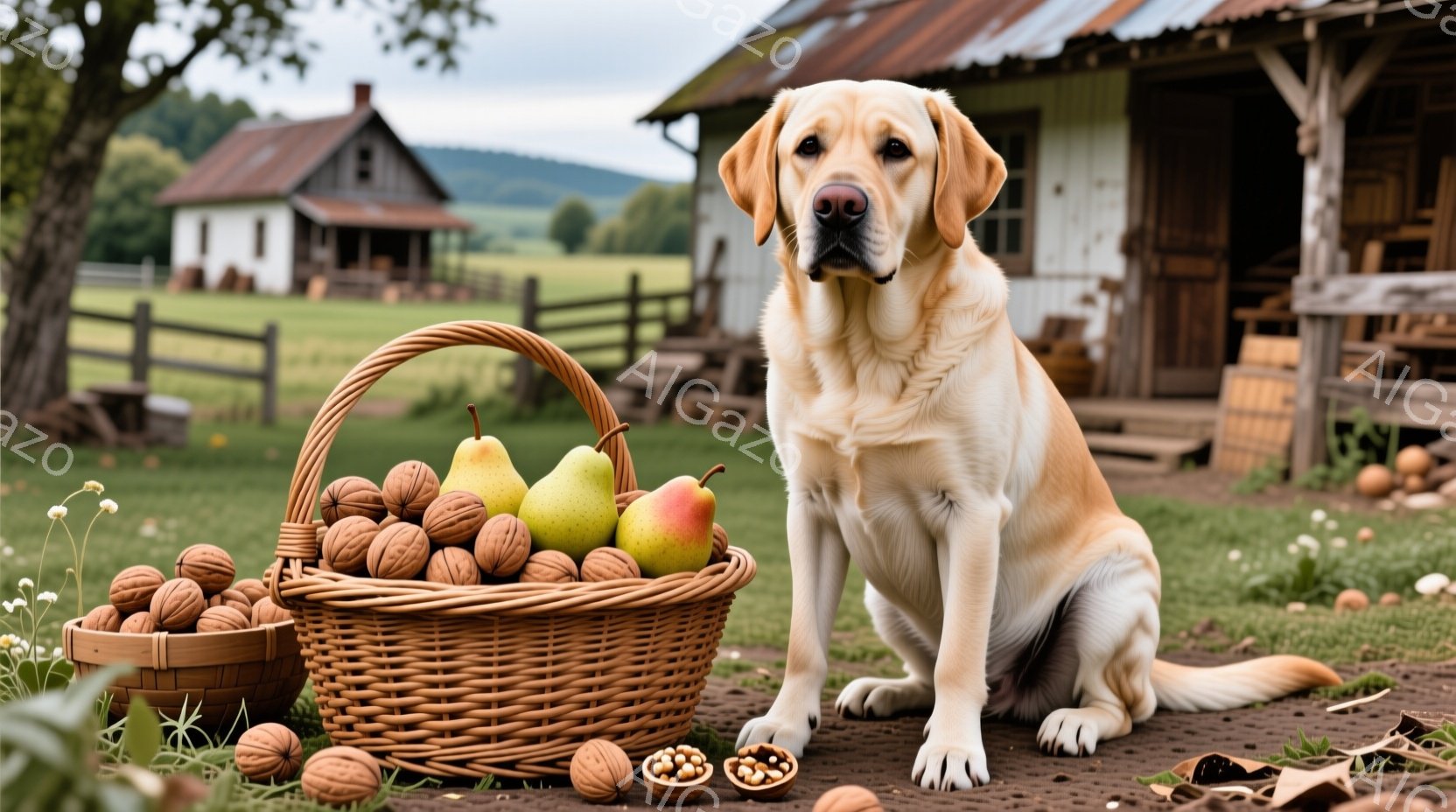 明るい茶色のラブラドール・レトリバーが、庭の土の上に座って正面を見ています。そのそばには、クルミと梨がたくさん入った編み込みのバスケットがあり、地面には割れたクルミがいくつか散らばっています。背景には、赤い屋根と木造の建物が見え、緑の牧草地と穏やかな天候が、のどかで温かい雰囲気を醸し出しています。