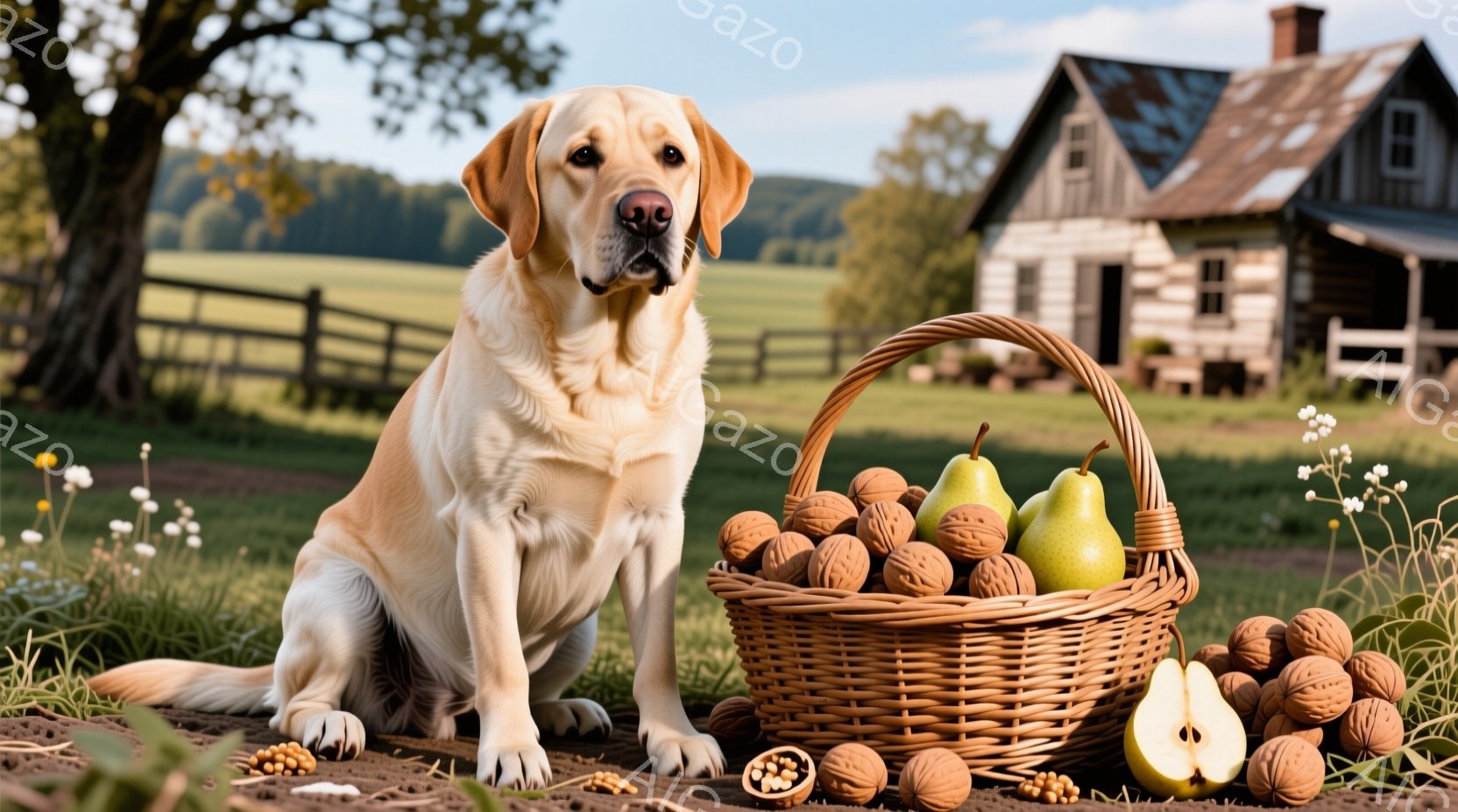 クリーム色のラブラドール・レトリバーが、緑豊かな草原の中に座り、正面を見つめています。その隣には、クルミと梨がたっぷり詰まった編み込みのバスケットがあり、地面には散らばったクルミがいくつか見えます。背景には、木造の家とフェンス、そして穏やかな日差しが差し込む青空が広がり、秋の収穫を思わせる暖かく穏やかな雰囲気を醸し出しています。